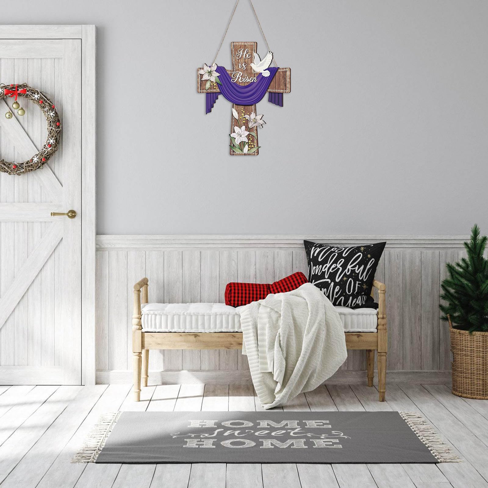 Targa in legno for porta con coniglietto pasquale, con scritta Happy Easter (lingua italiana non garantita), ghirlanda di coniglio, decorazione da appendere alla porta, decorazione for porta