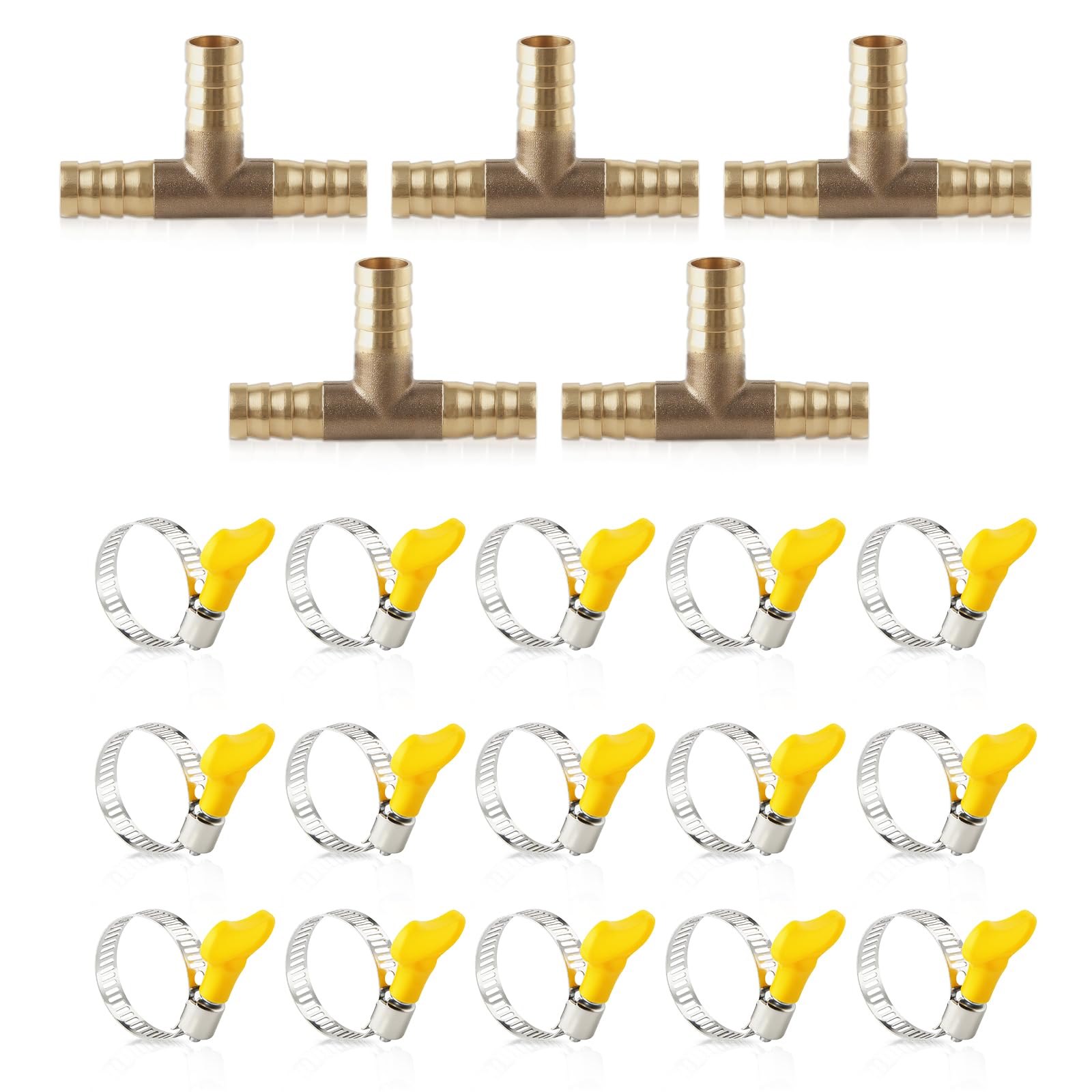 Glirowy 5 Pcs 10mm Brass Hose Barb Tee,3-Way Tee Hose Fitting with 15 Pcs Clamps