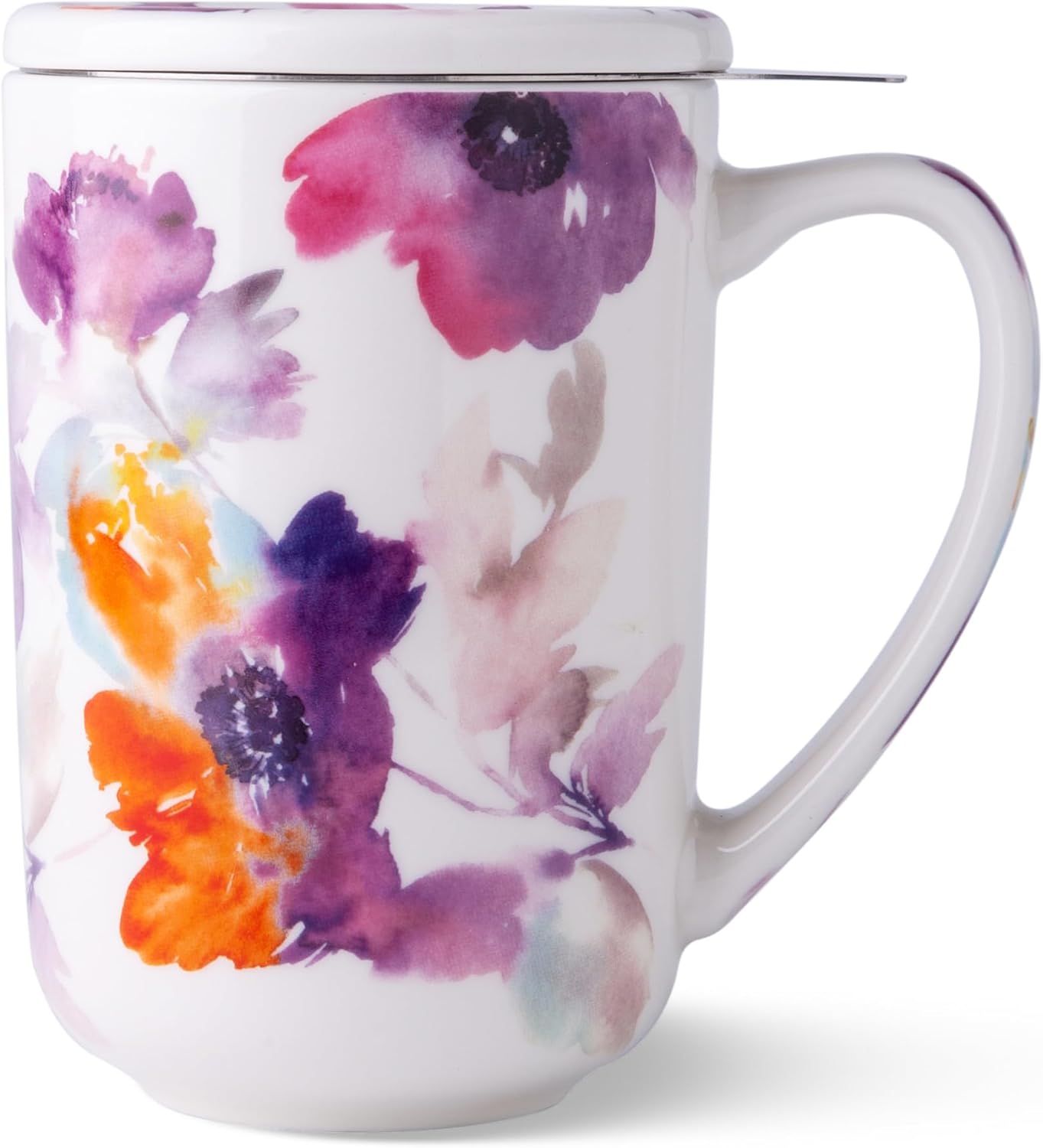 AmorArc Porcelain Tea Mug with Infuser and Lids, 18 Oz Large Cup Strainer with Bag Holder for Loose Leaf Tea, Steeping Coffee Mug for House-warming Wedding Birthday Gift Anemone