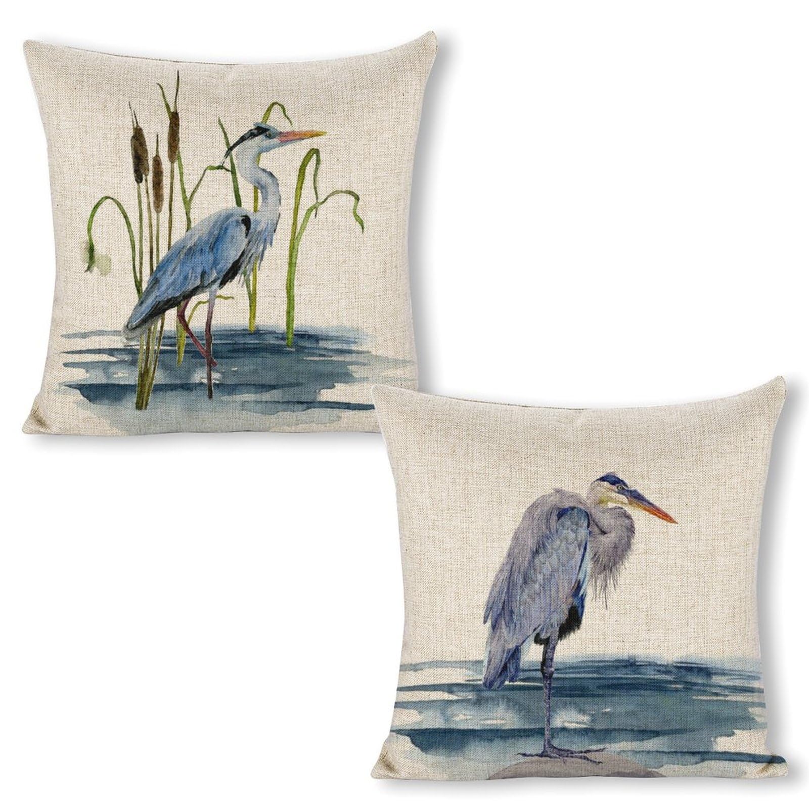 Linen Pillow Cases Standard Size Set of 2 - 18x18 Inch Decorative Cushion Cases with Blue Heron Bird Print - Premium Home Decor Pillow Covers - Couch