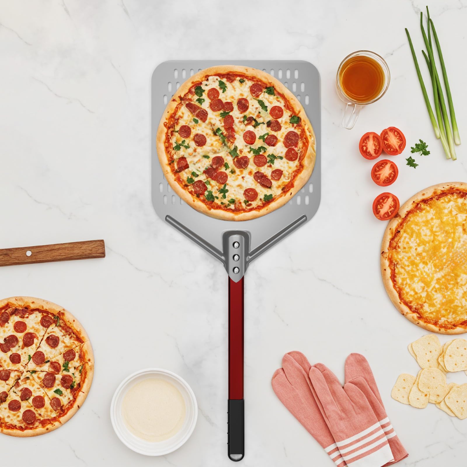 crosson Pala perforada para pizza de 30.5 x 40.6 cm, espátula de pizza, pala ligera para tornear pizza con mango de 40.6 cm de largo, accesorios para horno de pizza, herramientas de pizza, volteador