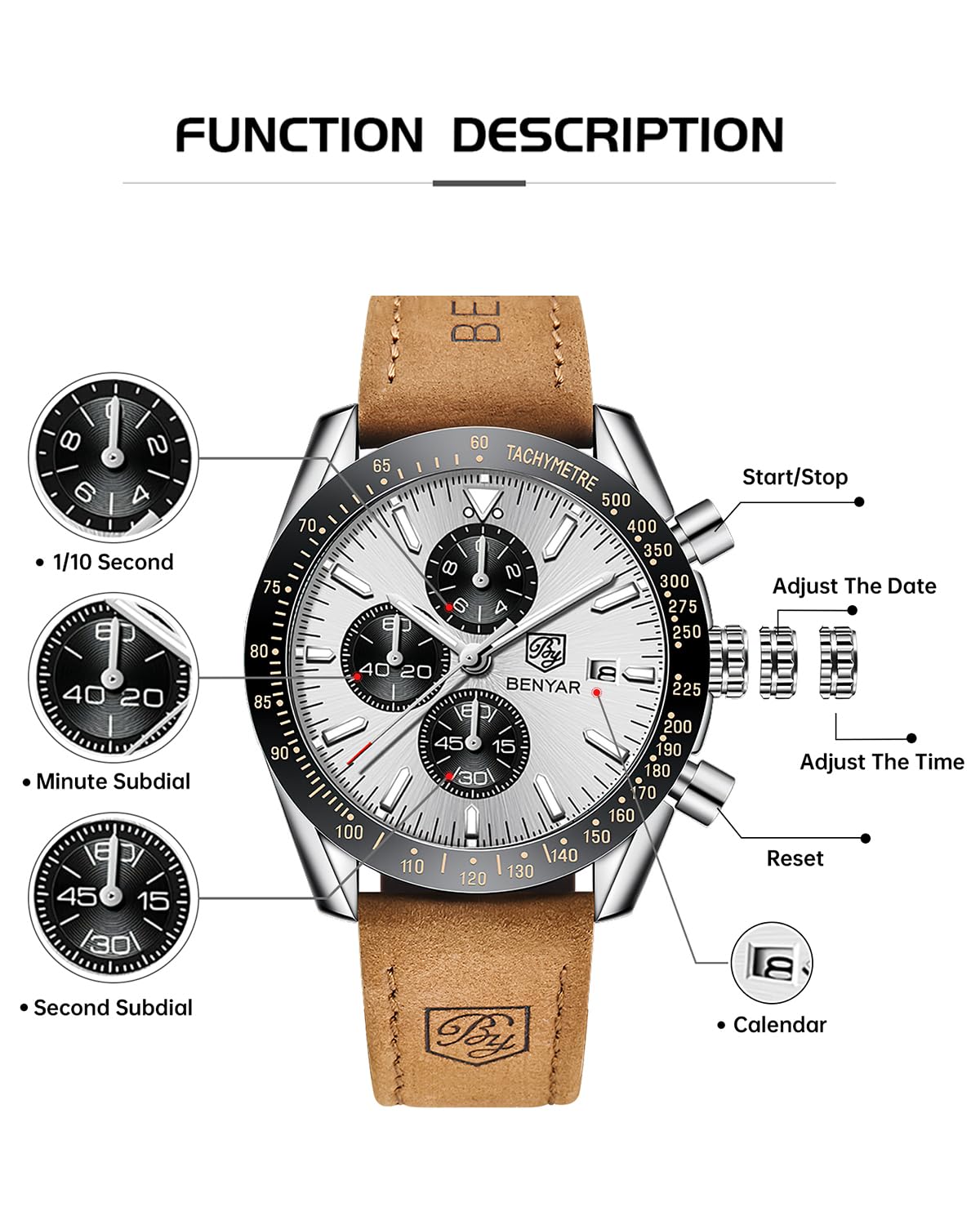 BENYAR Orologio da Uomo Cronografo Analogico Movimento al Quarzo Impermeabile Luminoso Moda Sportivo Affari Orologio da Polso Cinturino in Pelle/Acciaio Inox Elegante Regalo per Uomo