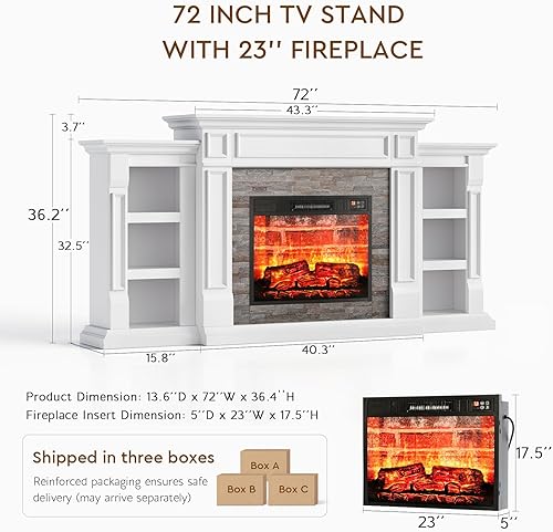 Miniatura 7 de LGHM 72" Electric Fireplace with Mantel, Fireplace TV Stand for TVs Up to 80 Inch, Modern Entertainment Center with Storage, Realistic Stacked Stone
