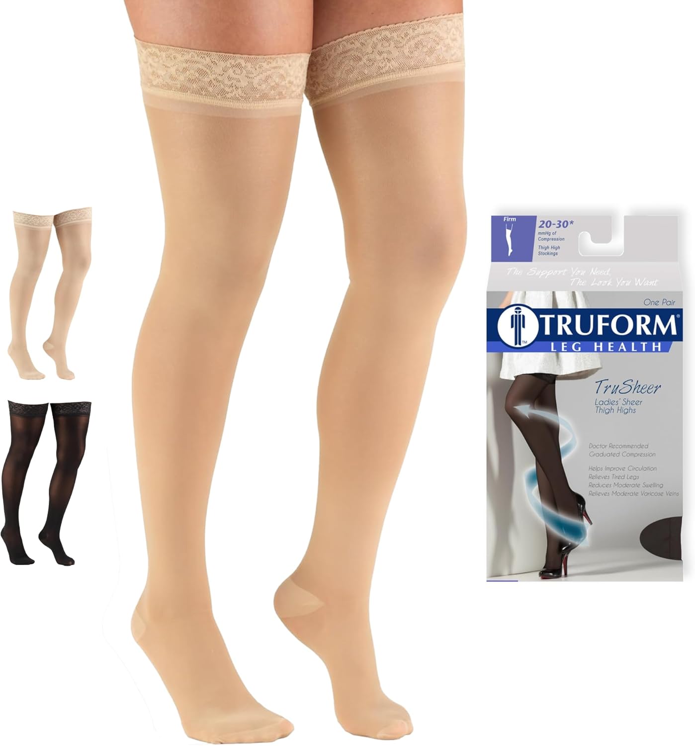 Truform Sheer Compression Stockings, 20-30 mmHg, Women's Thigh High Length, 30 Denier, Beige, Medium