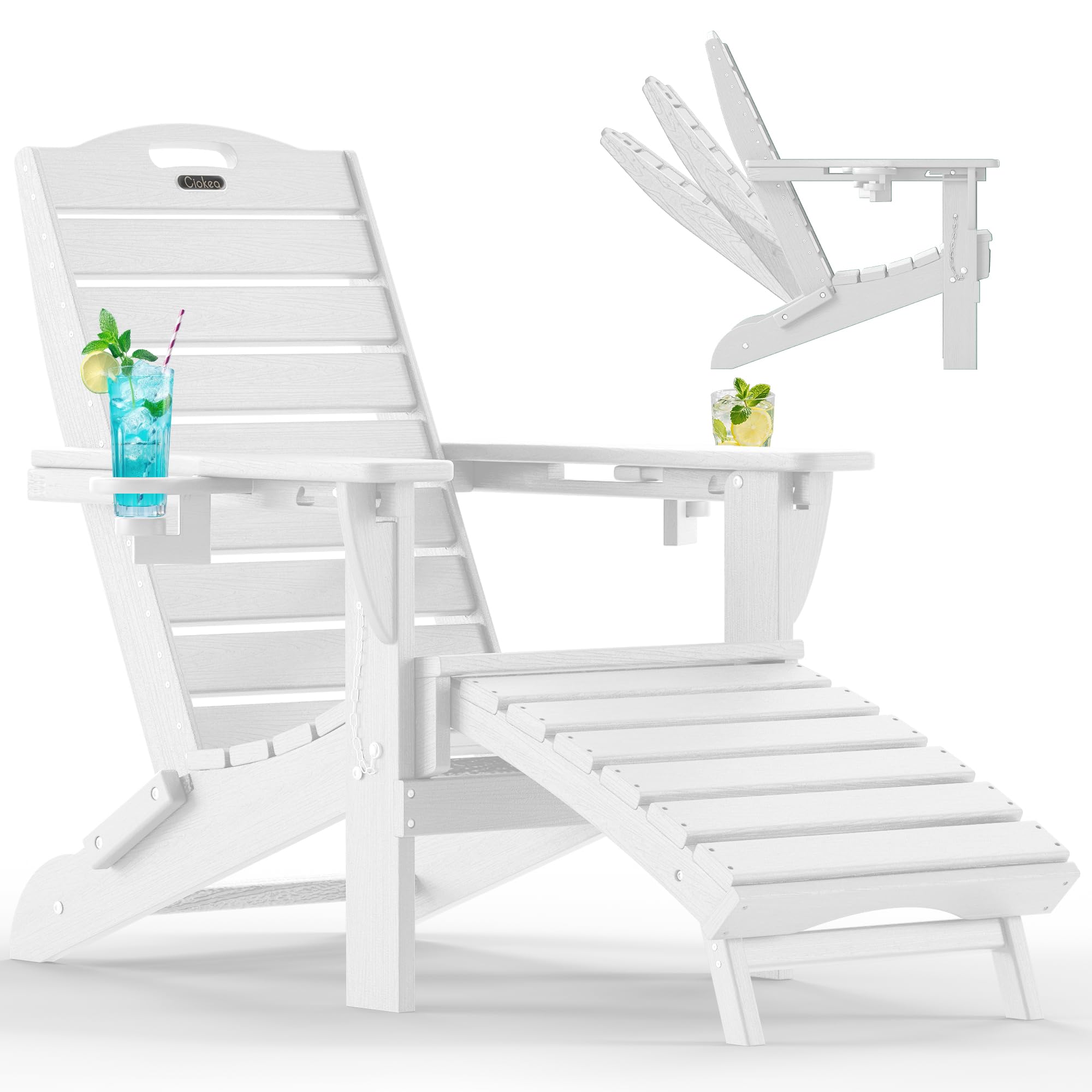 Photo 1 of Ciokea Folding Adirondack Chair with Retractable Ottoman Fire Pit Patio Chair with Pull Out Foot Rest Weather Resistant Lawn Outdoor Lounge Chair with 2 Cup Holder (White)