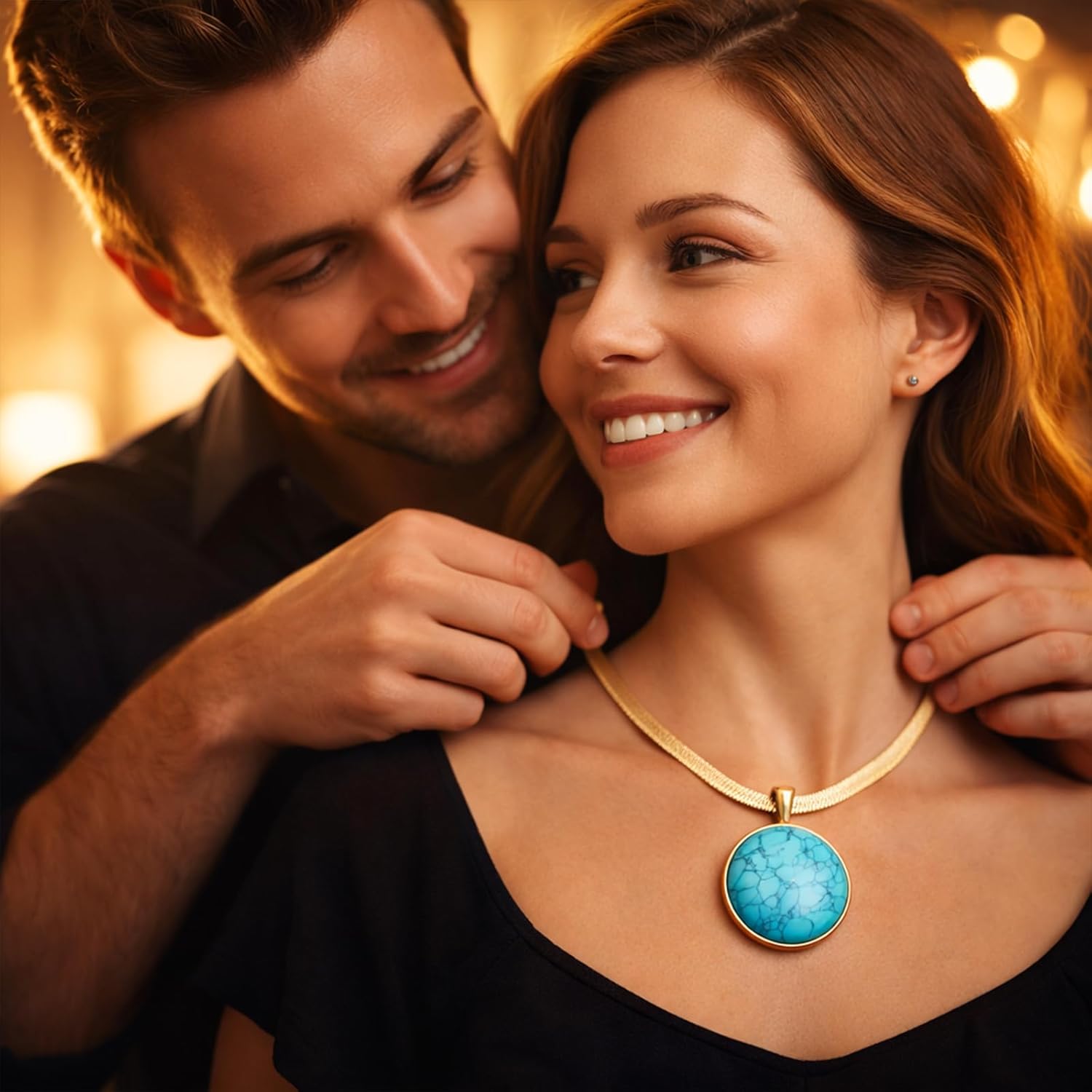 Sheplus Genuine Natural Turquoise Round Gold Chain Chunky Necklace Real Authentic Western Jewelry for Wife, Girlfriend, Mom,Anniversary Birthday Gift