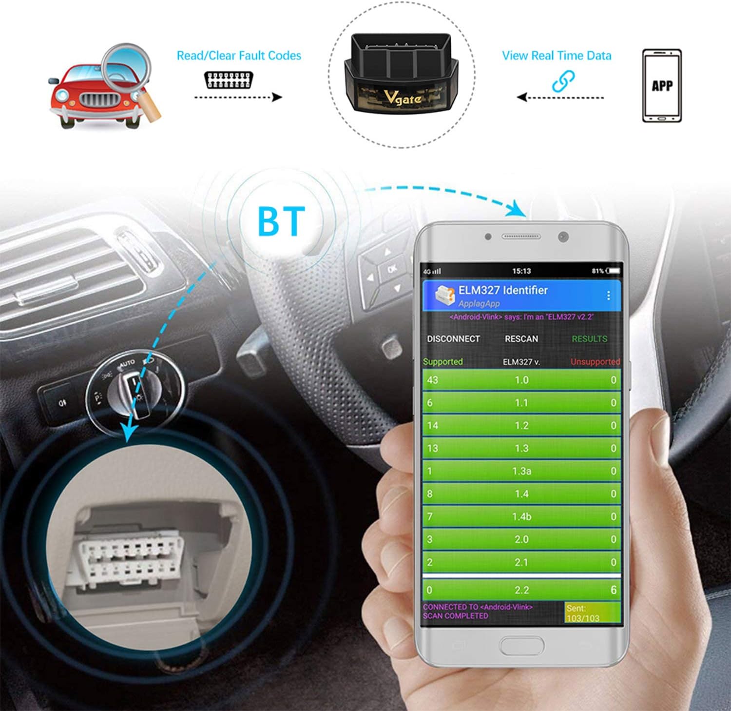 Vgate iCar Pro OBD2 Bluetooth 4.0 Adapter OBD2 Code Reader Car Automotive Engine Fault Code Reader V 2.2 for Android/iOS System, Compatible with App Torque, OBD Car Doctor image 3