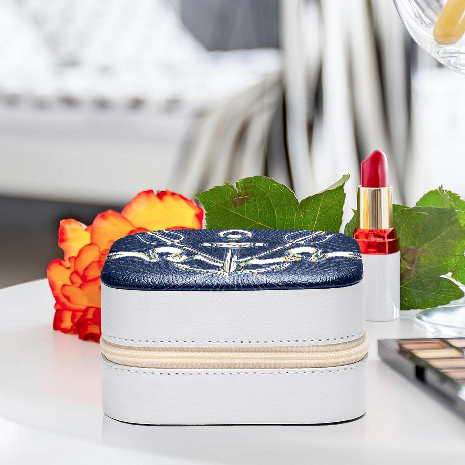 Portagioie Da Viaggio In Pelle PU, Mini Organizer Per Anelli E Collane, Blu Navy, 10x10x5 Cm - 3