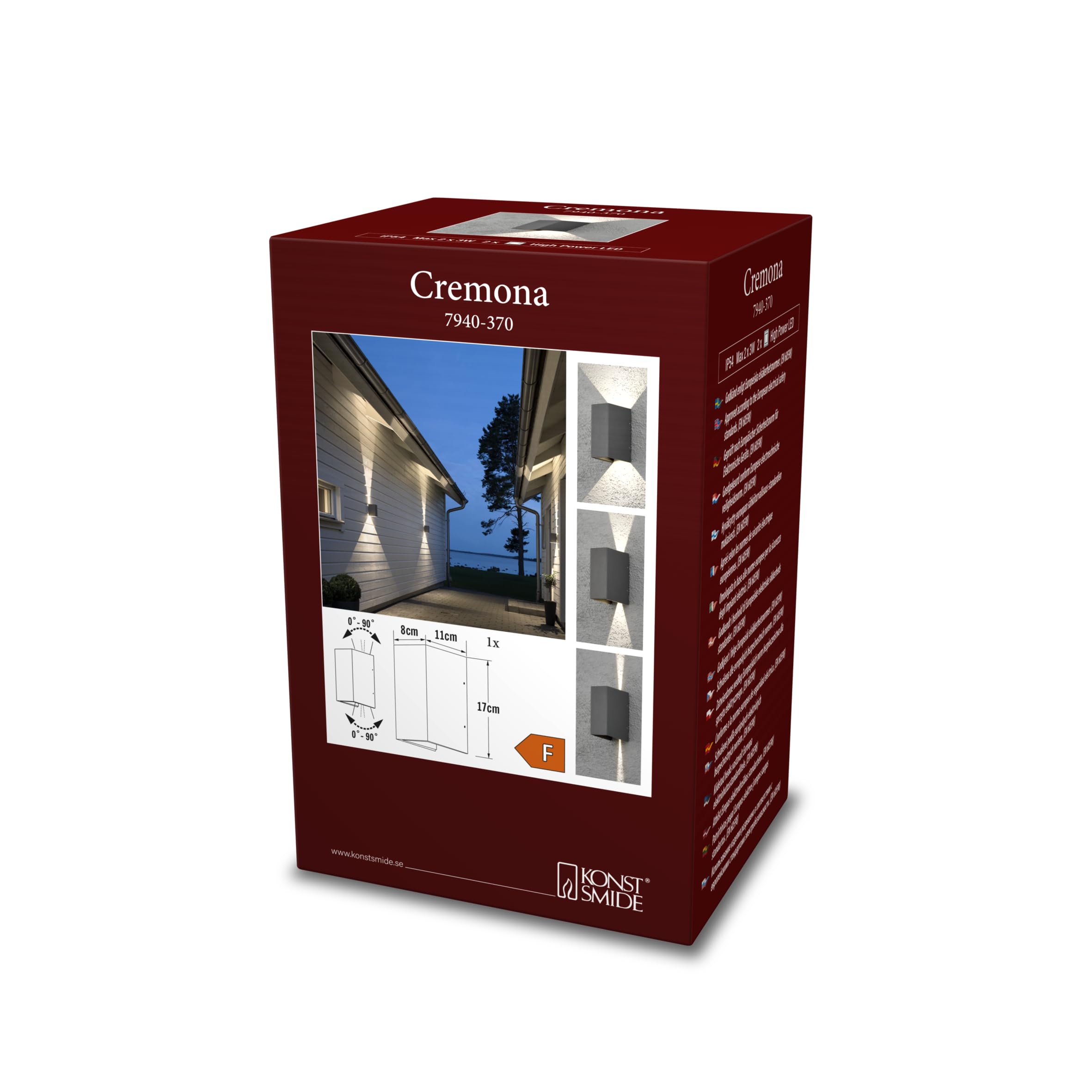 Gnosjö Konstsmide Cremona lampa ścienna LED up i down, szerokość 8 cm głębokość 11 cm wysokość 17 cm, 2x 3 W, IP54, aluminium, antracyt 7940-370