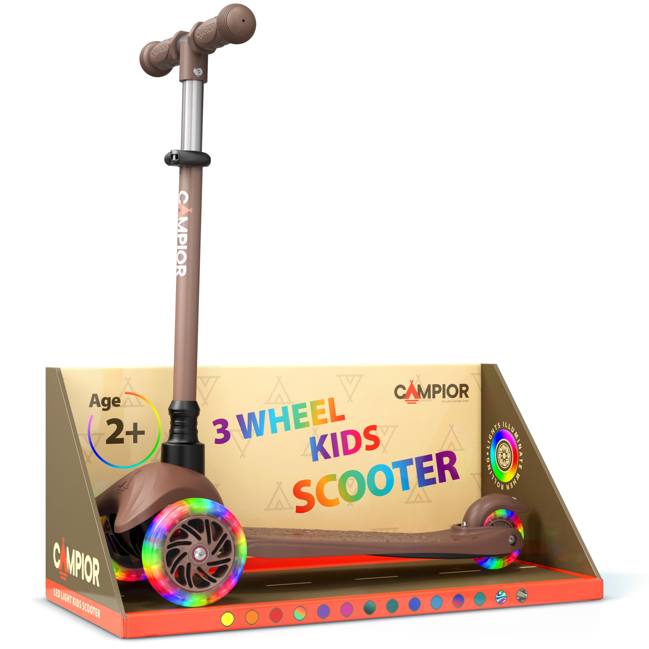 Brown Mini 3 Wheel Scooter for Kids – Lean-to-Steer with LED Light-Up Wheels, Adjustable Handlebar, Wide Anti-Slip Deck, Smooth PU Wheels, Rear Foot Brake – Toddler Scooter for Ages 2+