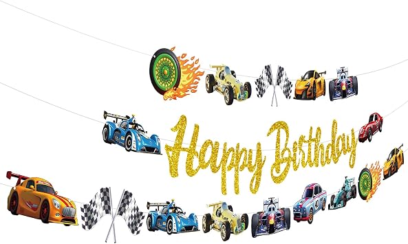 Race Car Party Banners 3Pcs Happy Birthday Garland Banners for Boy Girls Theme Baby Shower Race Fan Birthday Party Supplies