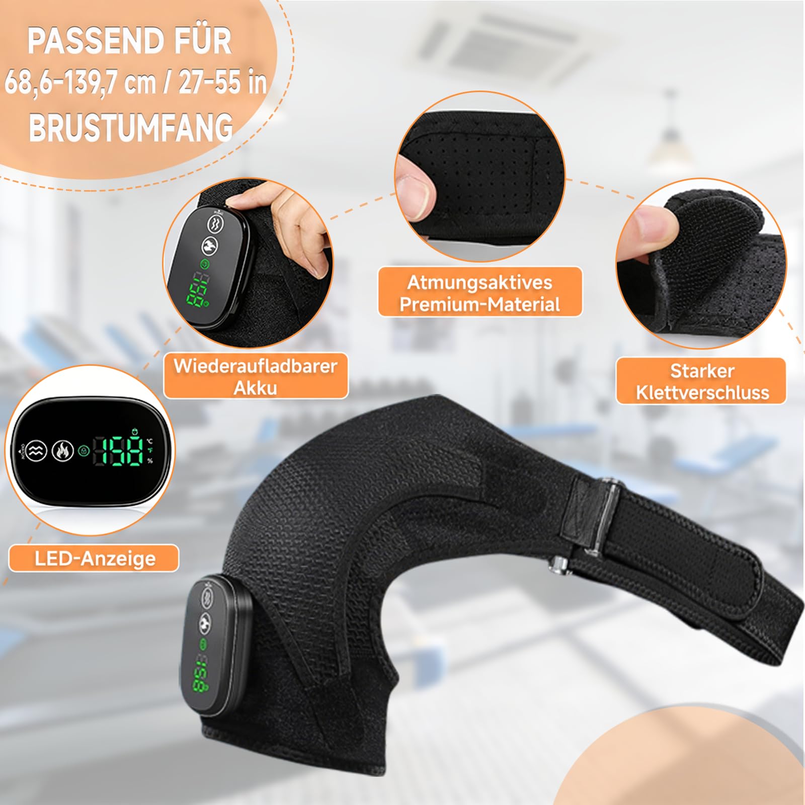 schulter massagegerät mit Wärme & Vibration, Kabellose Beheizte Schulterstütze mit 5000mAh Akku, 3 Heizstufen und 3 Vibrationsmodi, Verstellbare Schulterbandage für Männer Frauen Links/Rechts Schulter