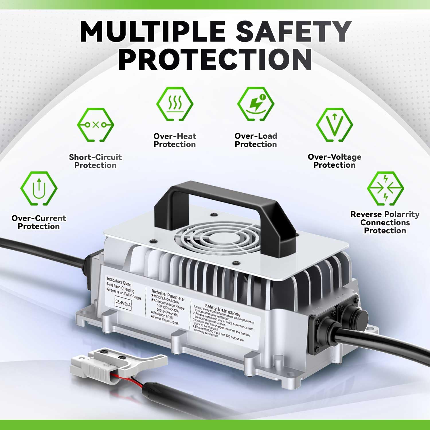Caricabatterie LiFePO4 da 58,4V 25A per caricabatteria al litio ferro fosfato da 48V (51,2V) con ricarica rapida protegge la batteria
