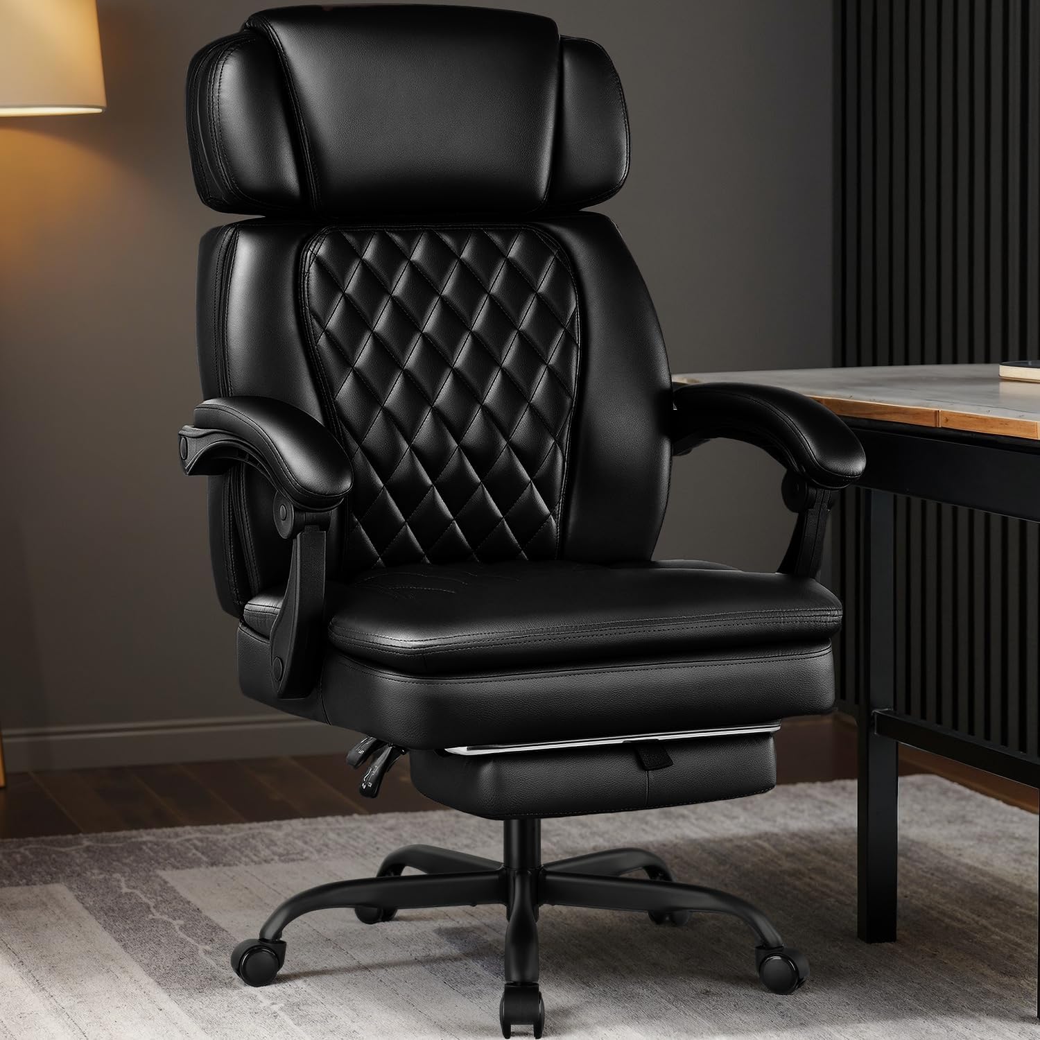 400lbs Executive Office Chair with Foot Rest for Heavy People, Ergonomic Big and Tall Desk Chair with Adjustable Headrest, High Back PU Leather Comfy Heavy Duty Computer Chair with Spring Cushion - Image 2