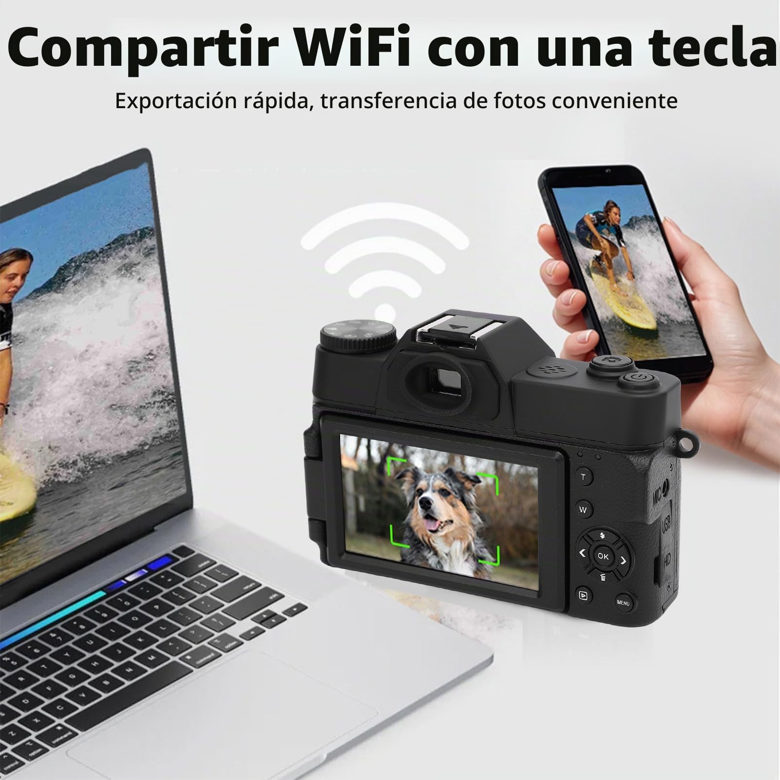 BuyWeek Cámara Digital 6K 64MP con WiFi, Cámara de Vlogging HD con Enfoque Automático y Zoom de 16X con Pantalla Abatible de 180 Grados de 3 Pulgadas, Selfie, Flash LED/luz de Relleno (Negra)