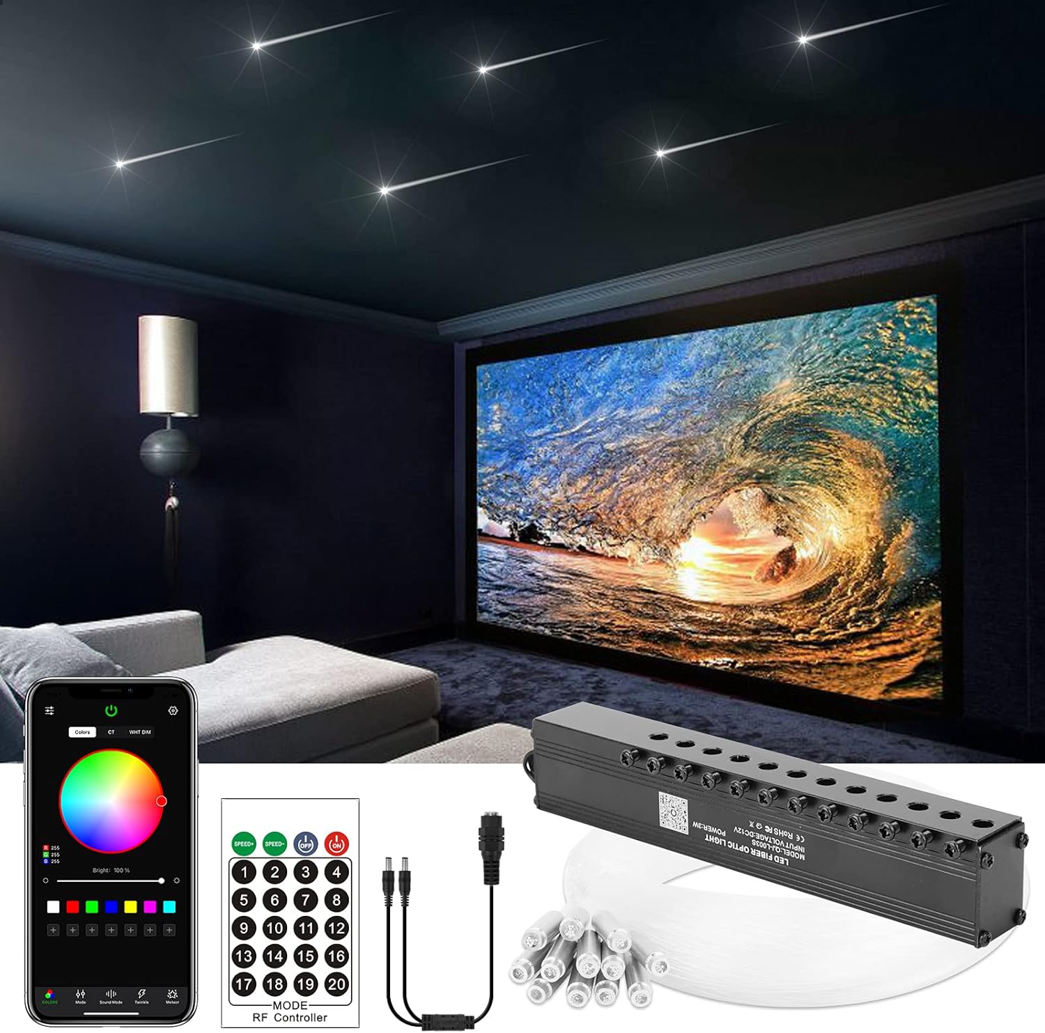 CHINLY Meteor 3W 96pcs 0.03in 13.1ft Bluetooth 12LEDs Fiber Optic Lights Kit Remote/APP Control + DC Power Splitter Cable for Car/Home Theater(Shooting Star Effect only)