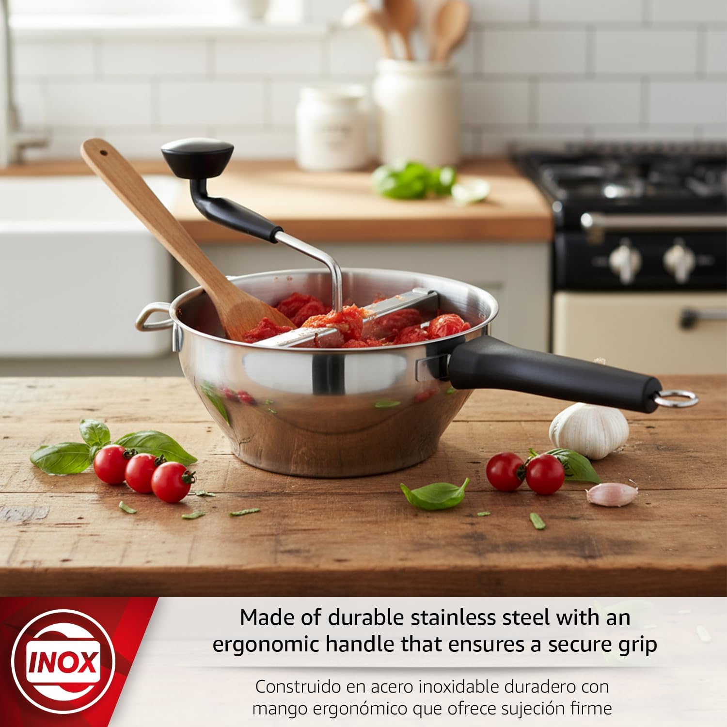 Magefesa Saucer Stainless Steel Food Mill with 3 Grinding Discs, 7.9-Inch Rotary Food Mill with Professional Hand Crank Strainer, Dishwasher Safe, Removable Blade & Propeller