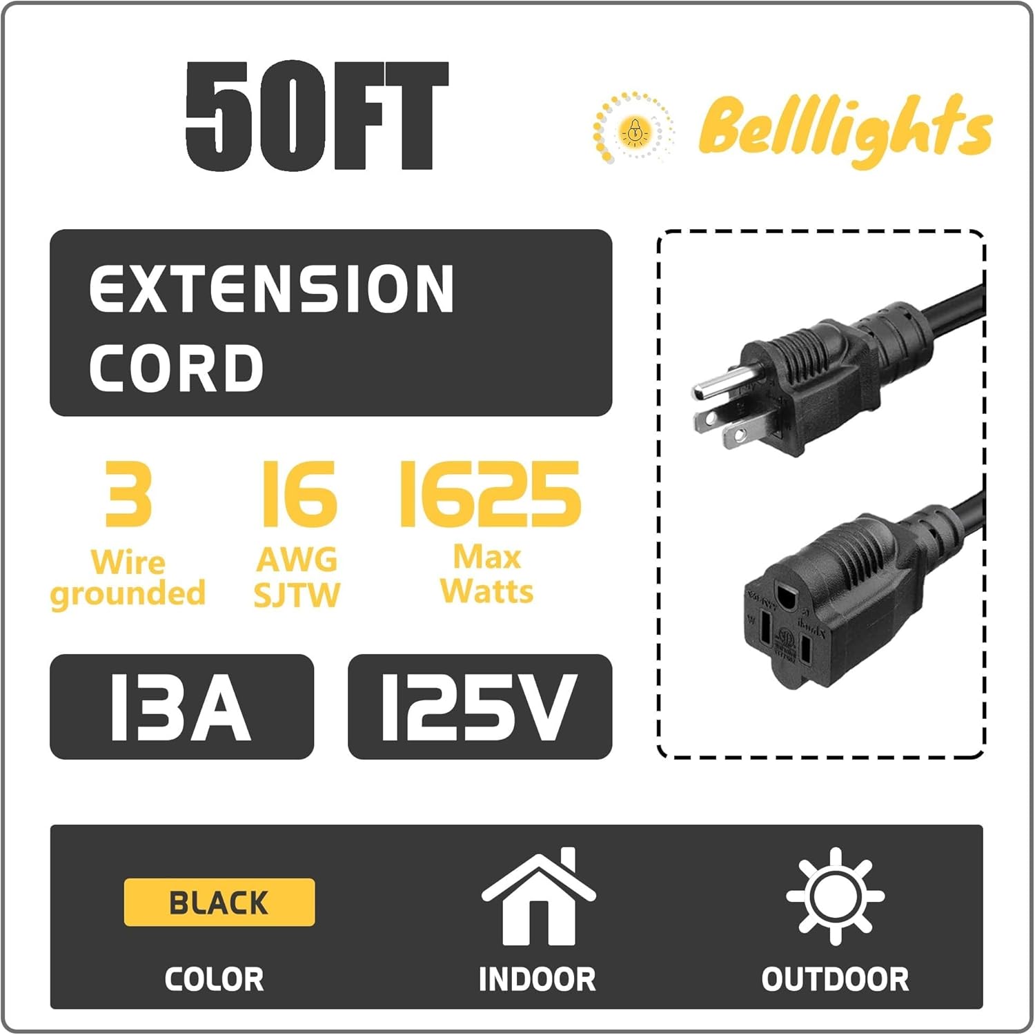 BLIATLUS Heavy Duty 3-Prong Extension Cord 50FT, 16 SJTW AWG Power Cable for Indoor and Outdoor Use, ETL Certified NEMA 5-15P to NEMA 5-15R Power Cord