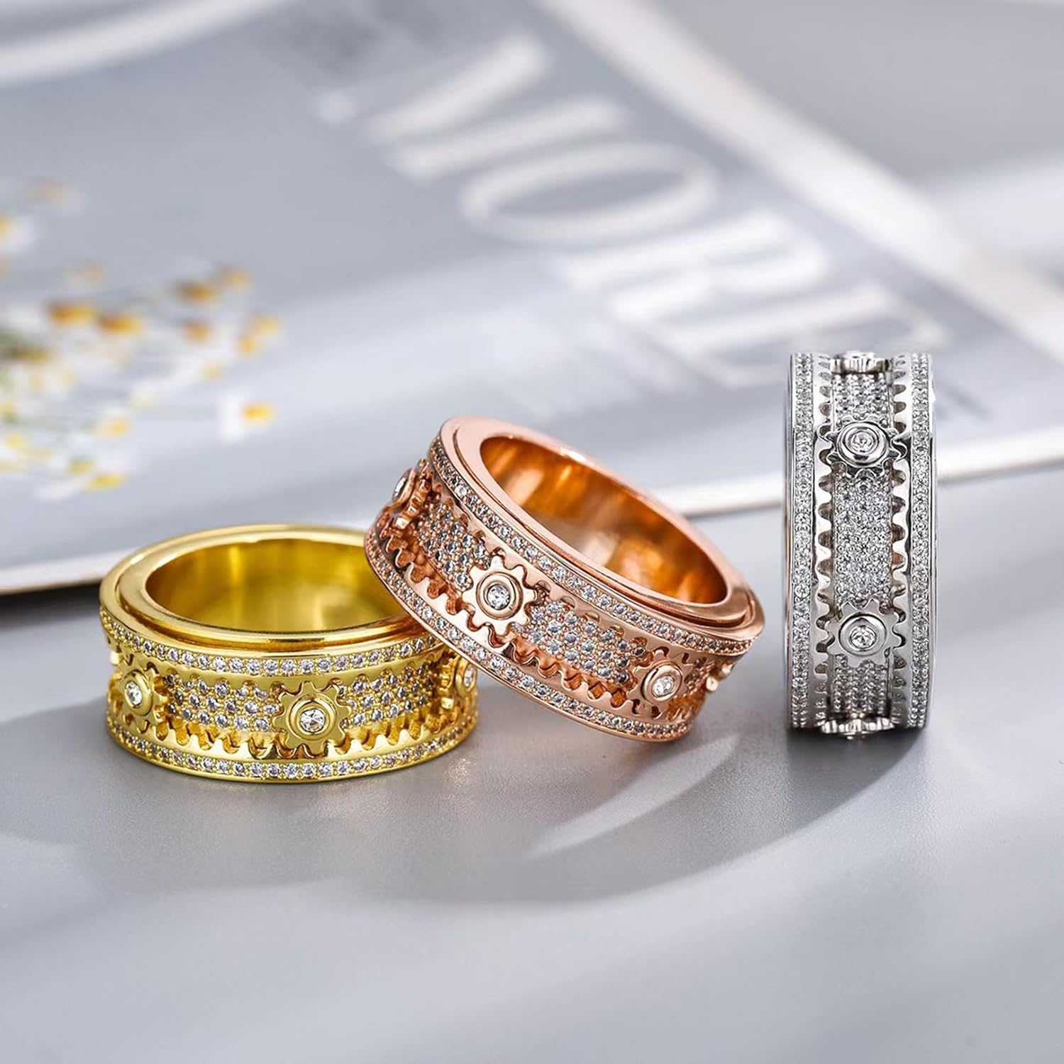 PAVEI 14K Gold Plated Solid 925 Sterling Silver CZ Simulated Diamond Stackable Ring Eternity Bands for Women Gear rotatable Wedding Engagement Diamond Ring(Gold-US Code-10)