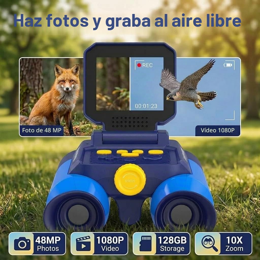 Prismáticos Niños con Zoom Óptico 10x y Cámara - Fotos 48 MP y Video 1080P, Visión Nocturna 25m, Aptos a Partir de 3 Años, Ideales para Observación de Animales y Naturaleza | Azul Oscuro