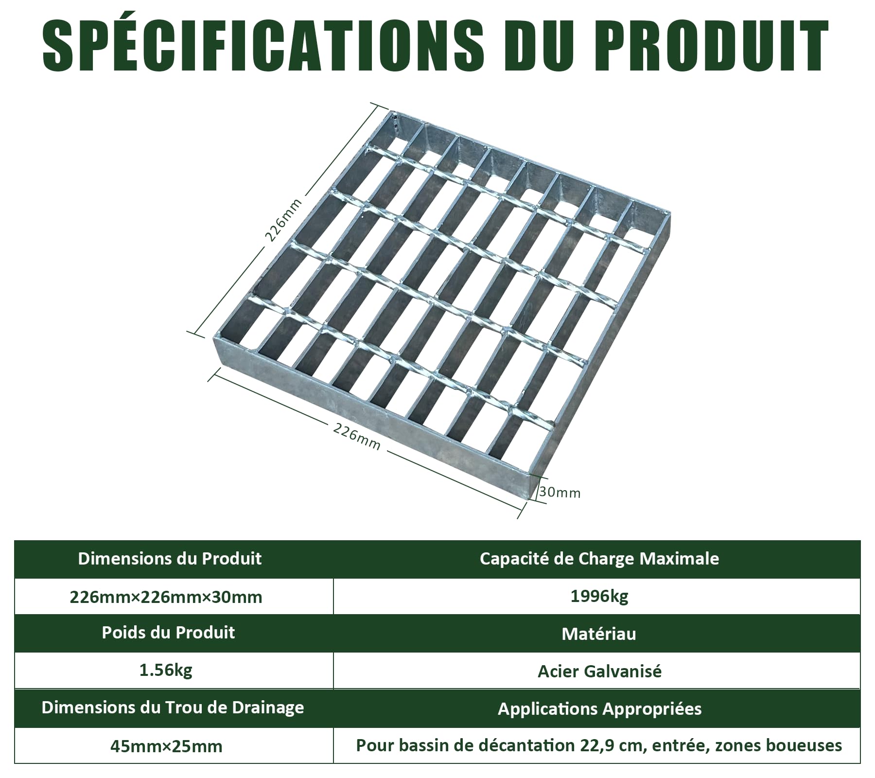 9"×9"×1.2" Caillebotis extérieur en Acier galvanisé,Caillebotis/Grille en Acier galvanisé,Carré,Maille 45/25 mm,sans Cadre,Charge 1996KG,pour Le Trottoir,Le Balcon,Le Cour,Le Garage