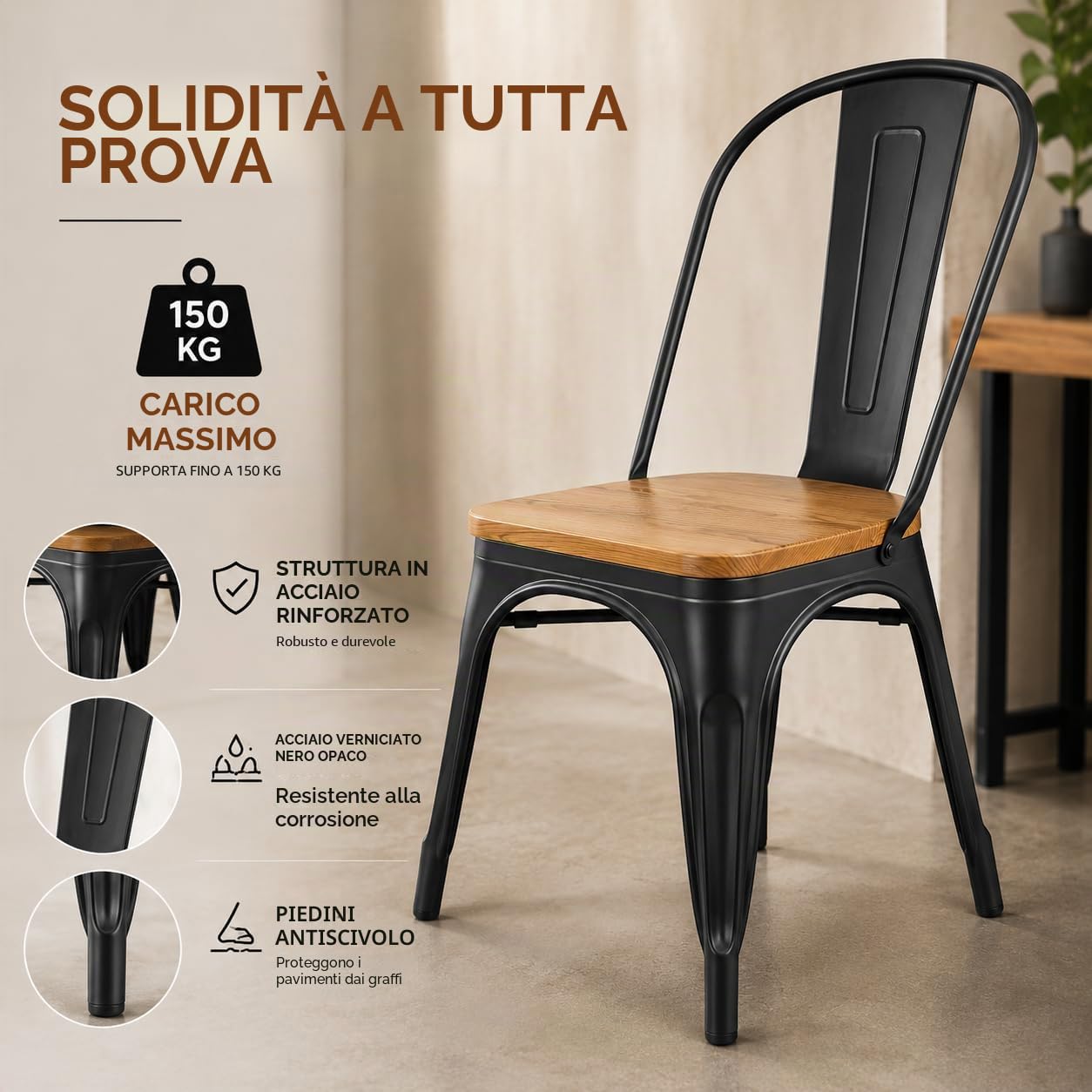 Kosmi - Set di 4 sedie in metallo nero e legno chiaro naturale, stile industriale