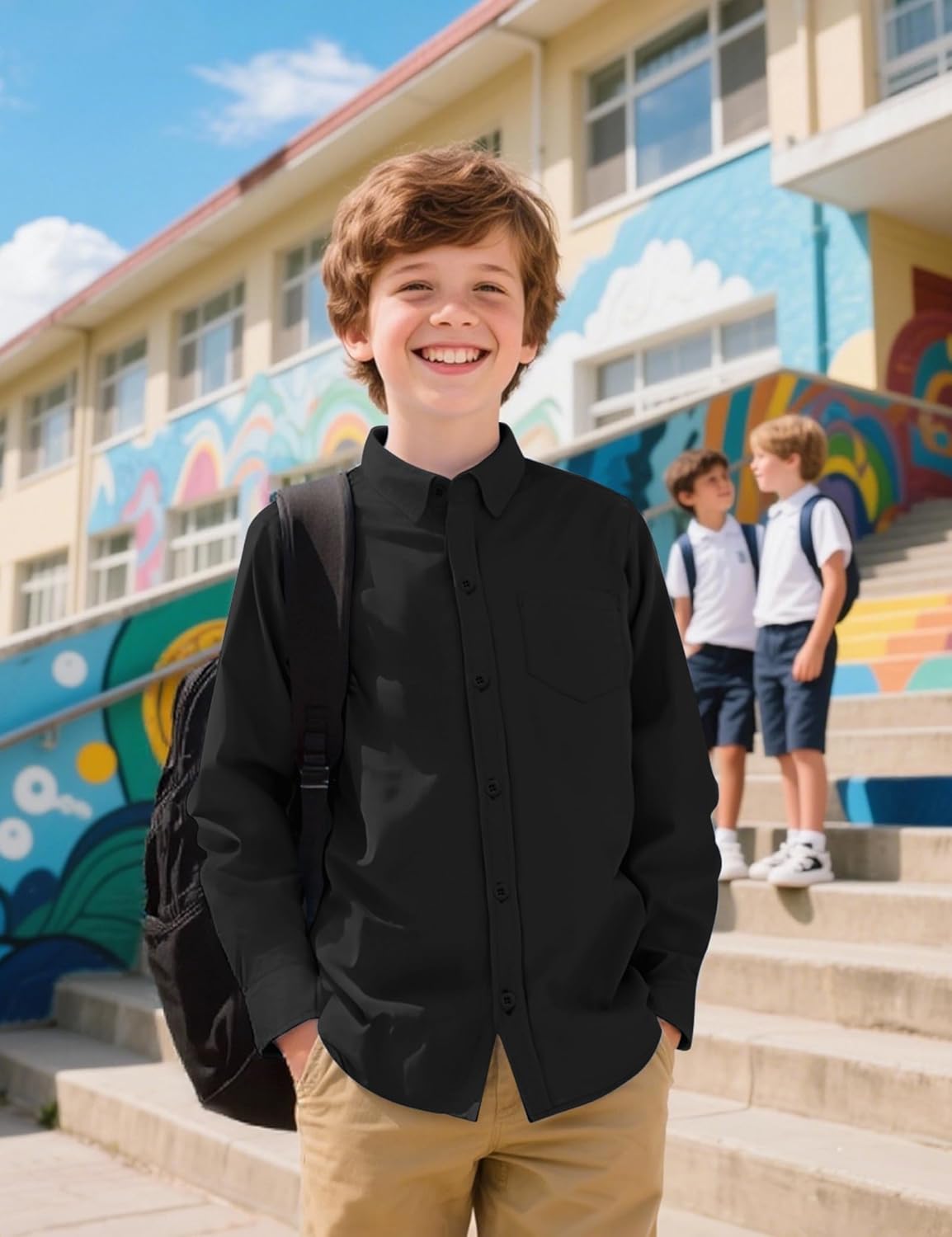 Boys Long Sleeve Dress Shirts Button Down Uniform Shirts with Chest Pocket Size 7-14 Years - Image 3