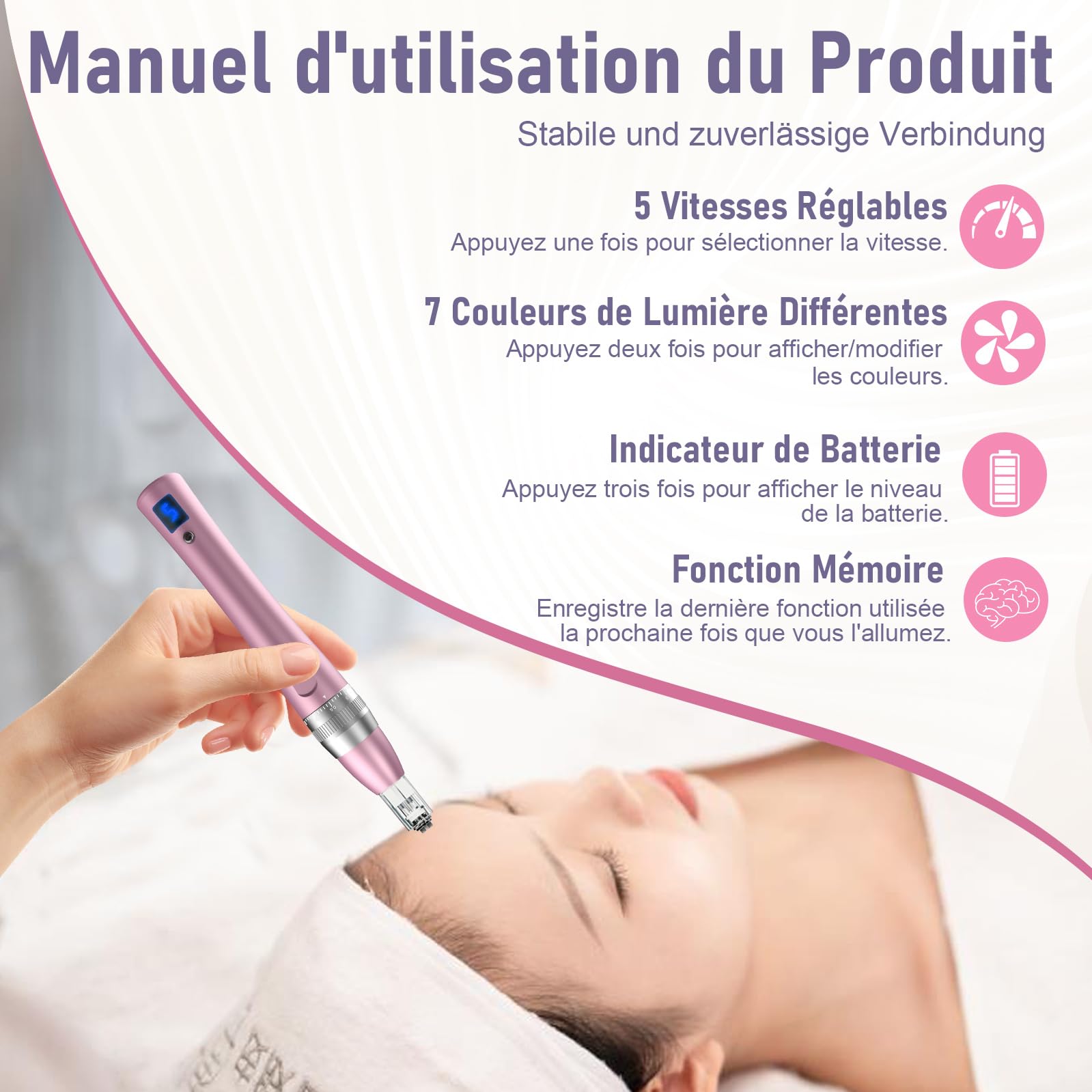 Robofun Stylo Beauté Microneedling avec 7 Lumières, Électrique Microneedling avec 12 Cartouches & 5 Vitesses pour Soin Visage & Corps, Conception Sans Fil et Rechargeable