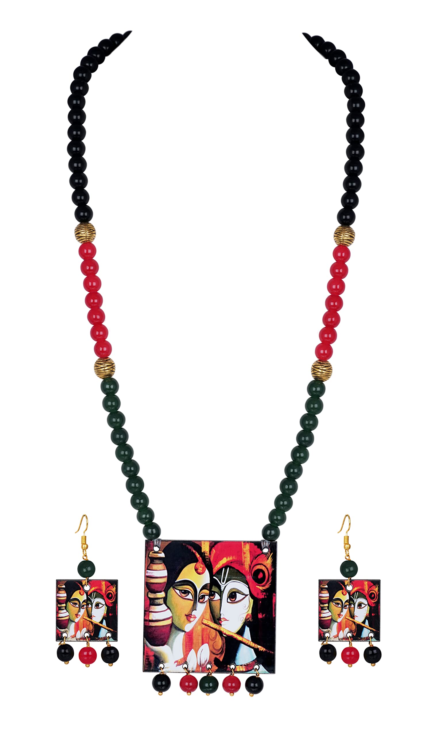JFLJewellery for Less Classic Radha & Krishna Painting Pendant with Multi Color and Cotton Bead Adjustable Thread Handcraft Necklace and Earrings for Women and Girls