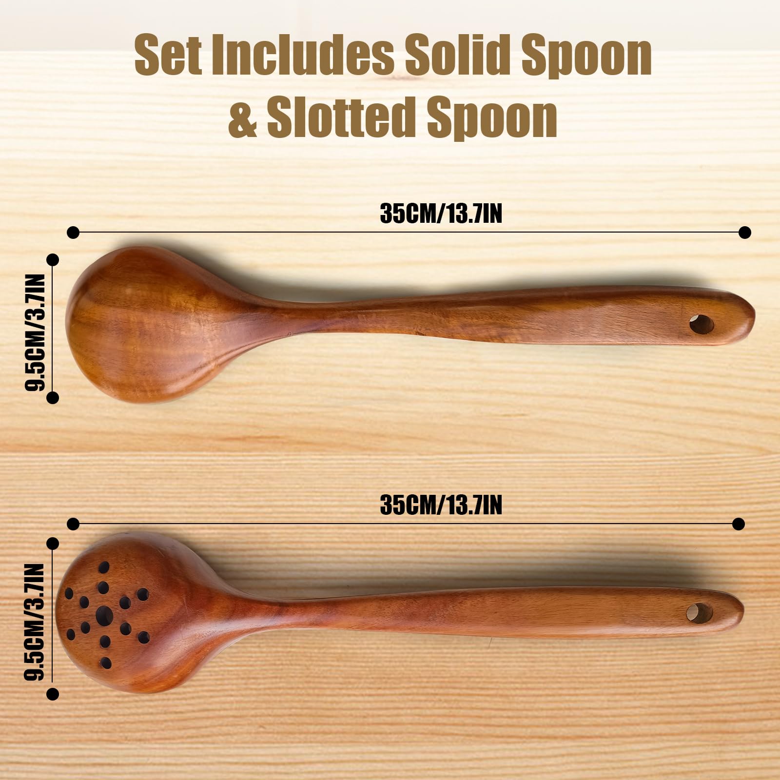 Cucharas grandes de madera para cocinar, utensilios de madera de teca de alta calidad para cocinar, resistentes y resistentes al calor, 13.7 pulgadas de largo x 3.7 pulgadas de ancho