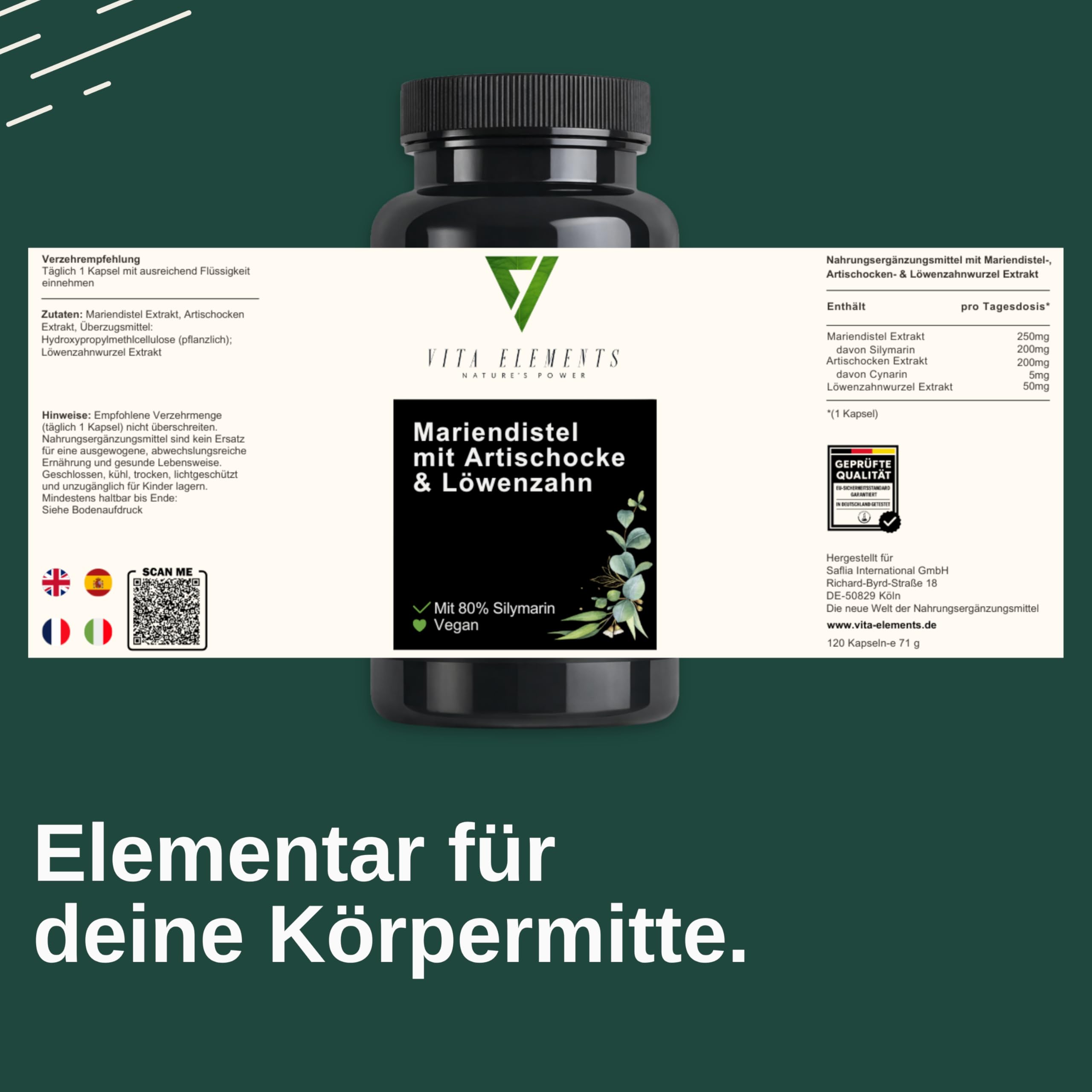 Vita Elements Complejo de Cardo Mariano, Alcachofa y Diente de León - 120 Cápsulas - Silimarina - Suministro para 4 Meses - Vegano - Alta Dosis - Probado en Laboratorio - Sin Aditivos (3)