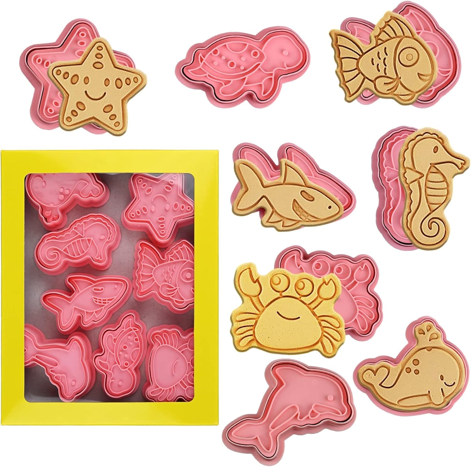 Skytail 8pc Ocean Cookie Cutters with Plunger Stamps Set 3D Marine Fish Sea Animal Cookie Stamps Biscuit Cutters Baking Biscuits Chocolate Fondant Cake Decoration Pastry Embossing Cutter Party Treats