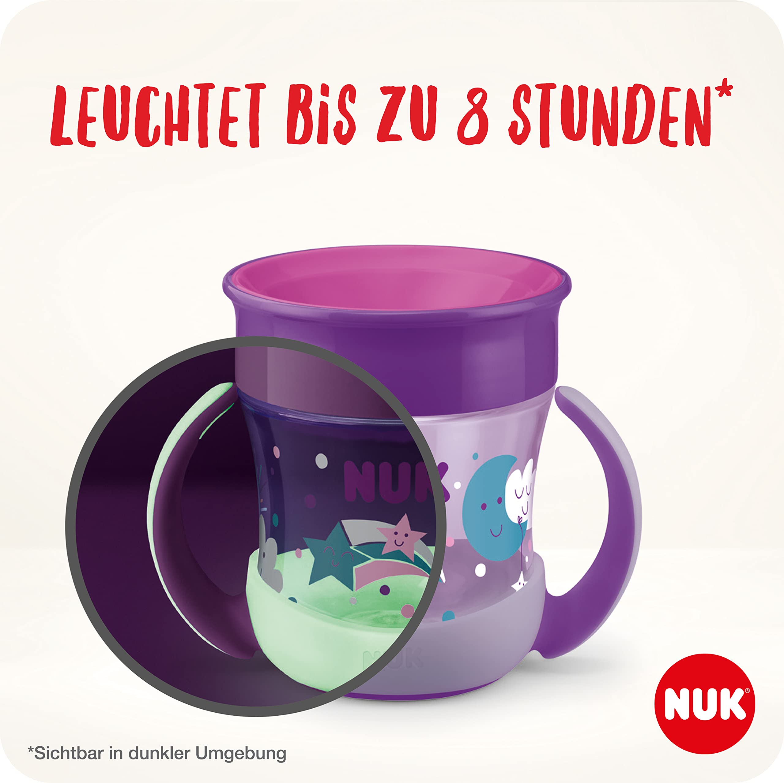 NUK Mini Magic Cup Night Trinklernbecher |6+ Monate |160 ml| 360°-Auslaufschutz-Rand zum Trinken von jeder Seite | Leuchtet im Dunkeln | Griffe für einfaches Halten | BPA-frei | Häschen (rosa)|2 Stück
