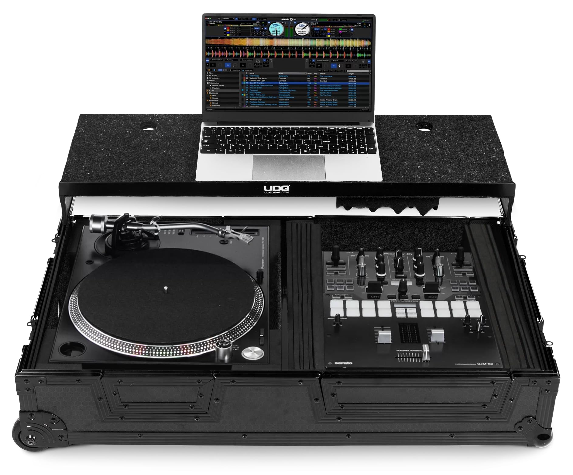 UDG Ultimate Flightcase für Turntable Battle/PLX-CRSS12 und Mixer, Schwarz | 9-mm-Sperrholzschale; Schmetterlingsverriegelungen; integriertes Laptopfach; Trolley- und Radsystem; Schauminnere