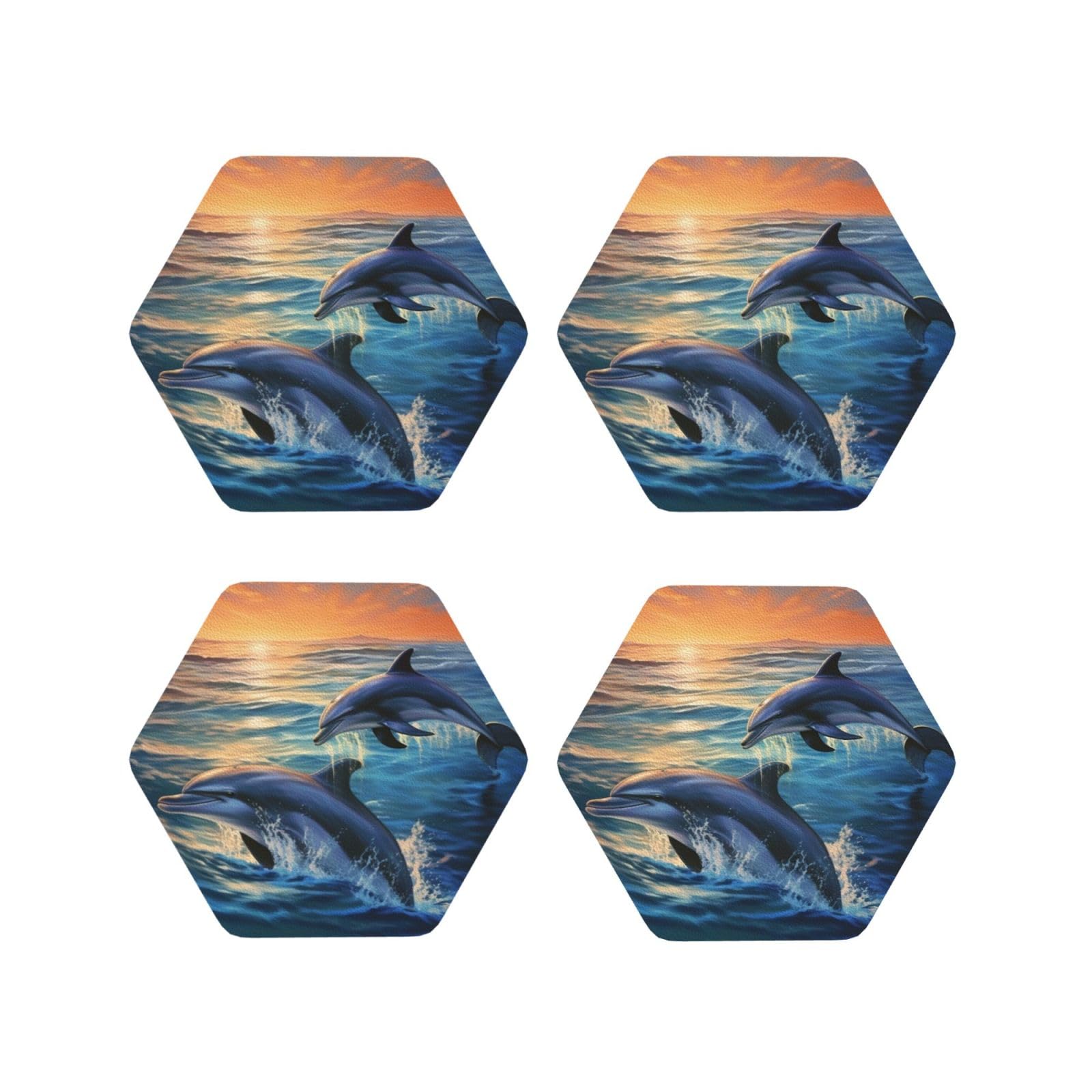 4Pcs PU Leather Coaster for Drinks, Dolphins in the sea Cup Coastersr 4" Cup Mat Pad, Aesthetic Drink Coasters for Coffee Table, Hexagon Coaster for Tabletop Protection