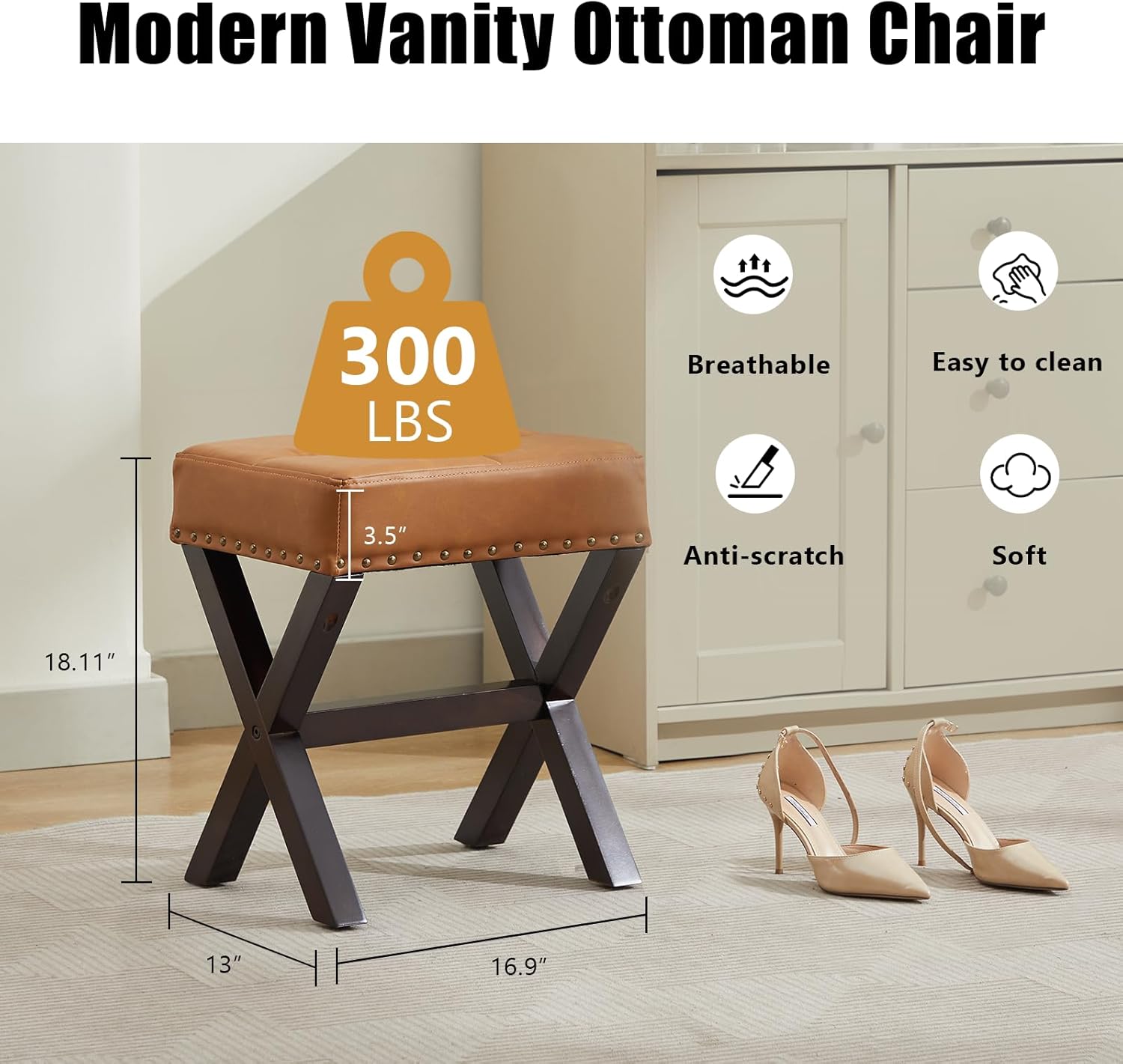 Square Makeup Stool with Rivets Wood X-Legs,Modern Vanity Ottoman Chair,Padded Faux Leather Seat for Dressing Room,Bathroom (White Fabric)