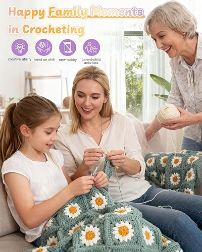 Miniatura 4 de Coopay Kit de inicio de ganchillo para manta, cuadrados de abuela e instrucciones, fácil de aprender a ganchillo para principiantes