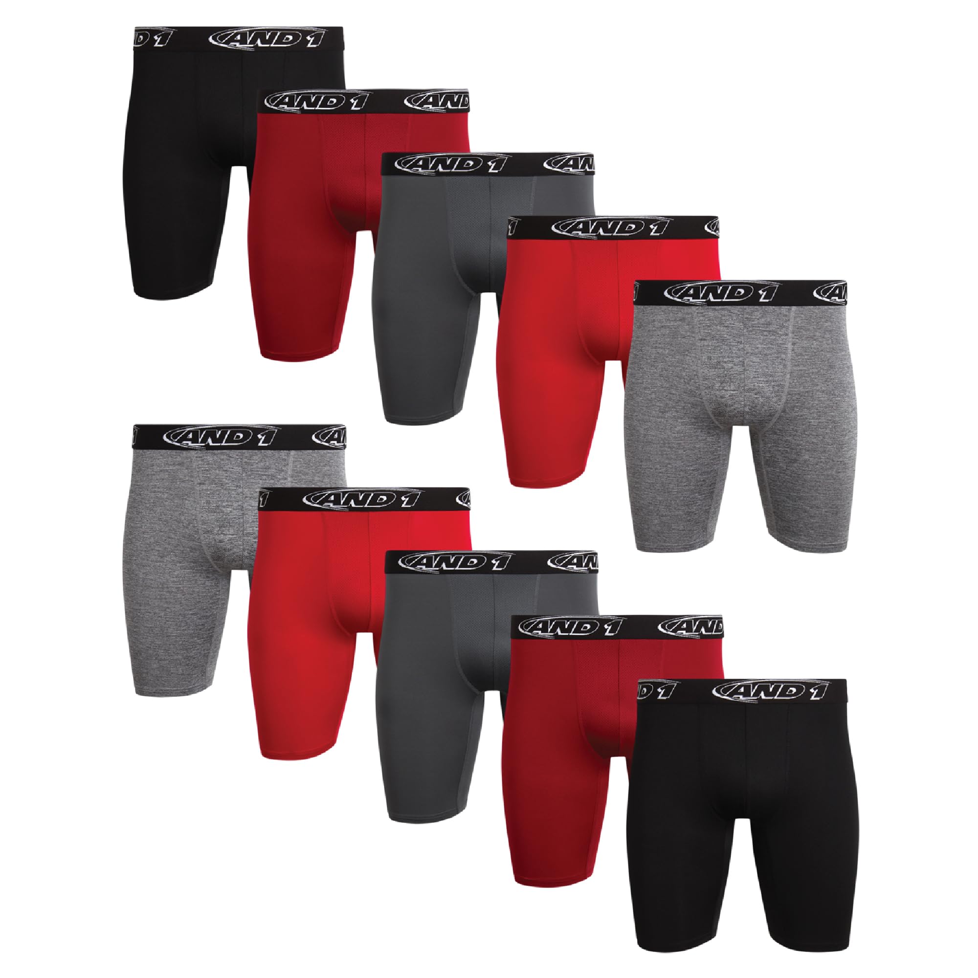 AND1 Mens Boxer Briefs - 10 Pack Performance Stretch Mens Underwear Long Leg Boxers for Men with Contour