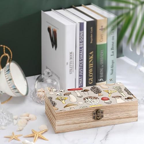 Miniatura 4 de Caja de madera de varios hongos con tapa con bisagras, caja de recuerdo, caja de contenedor pequeño, regalo para almacenamiento de joyas en el hogar