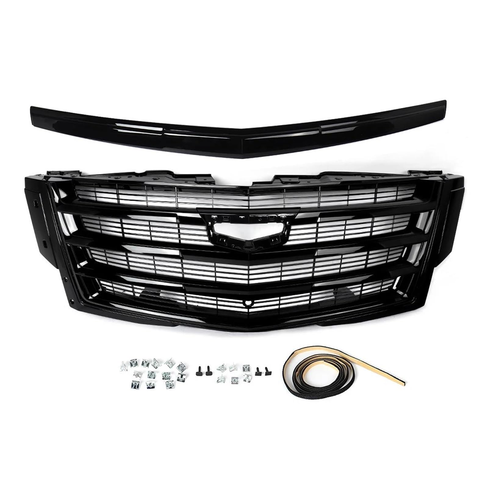 Car Front Radiator Grilles Glossy Black Front Grille + Hood Molding Trim Replace For 2015-2020 For Cadillac For Escalade Bumper Upper Grill Front Bumper Grille(Glossy Black)