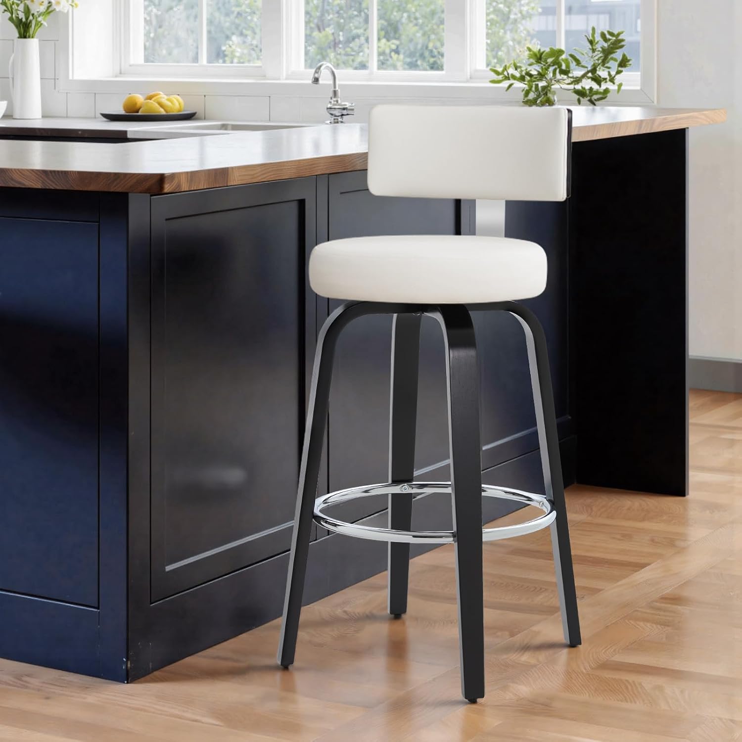 Swivel Counter Height Bar Stools, 29" Upholstered Faux Leather Barstools with Back, Mid Century Modern Counter Stools with Black Walnut Wood Legs for Kitchen Island, White