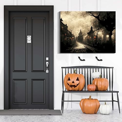 Miniatura 143 de Denozer Lienzo decorativo para pared de Halloween, castillo de terror de 32 x 24 pulgadas, decoración de pared de luna, decoración de otoño de Obra