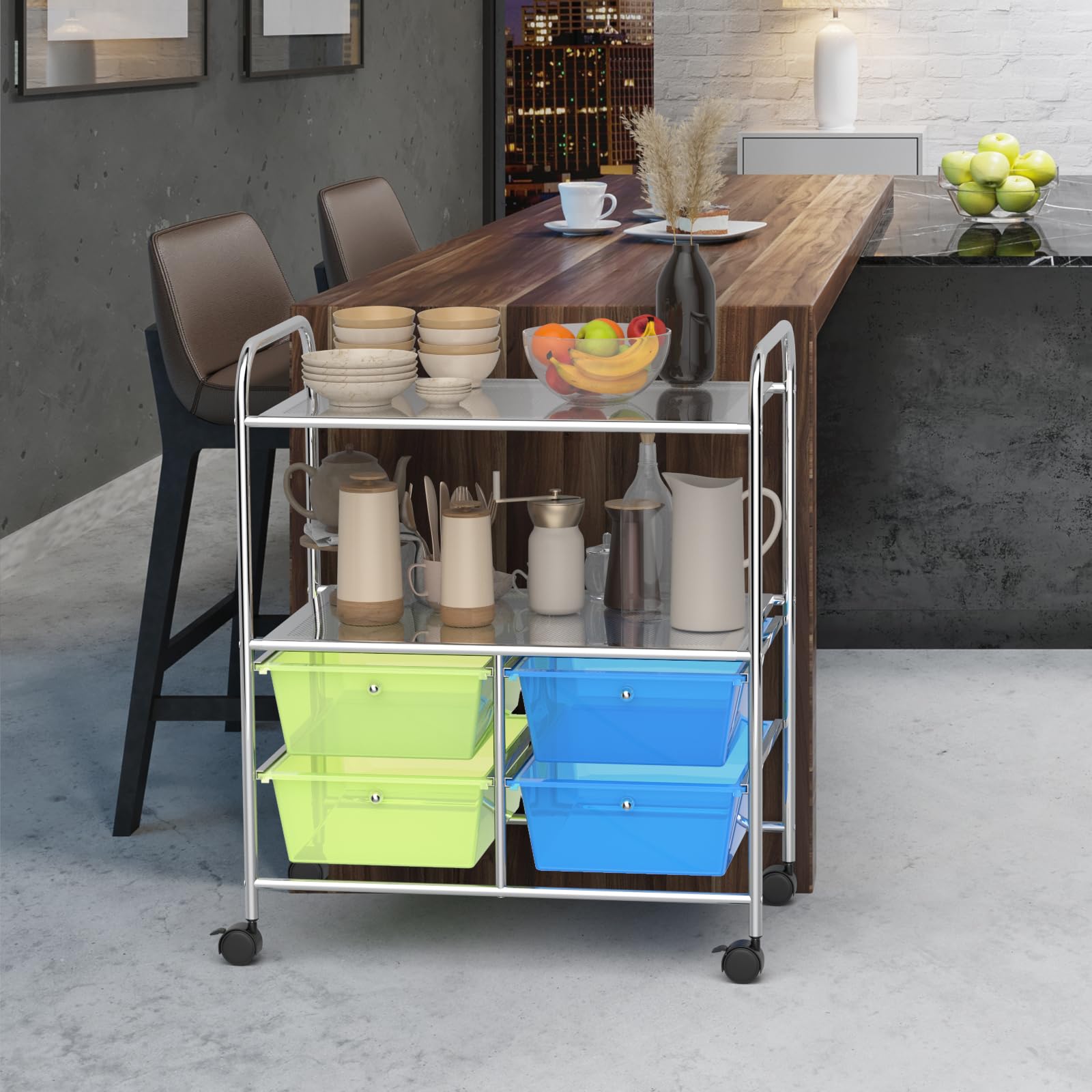 GIANTEX Carro con 4 cajones apilable, con 2 estantes y estructura de metal, carrito de baño con ruedas bloqueables, 63,5 x 37 x 75 cm