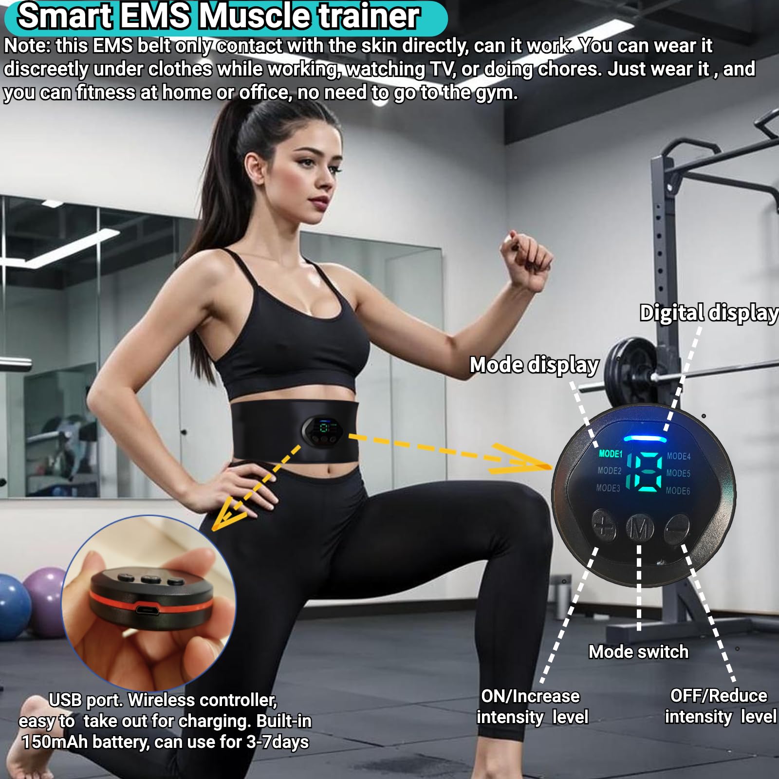 Estimulador Muscular EMS - Cinturón Abdominal Portátil con 6 Modos/18 Niveles para Hombres y Mujeres, Recargable por USB, Dispositivo de Tonificación y Entrenador de ABS con Pantalla Digital