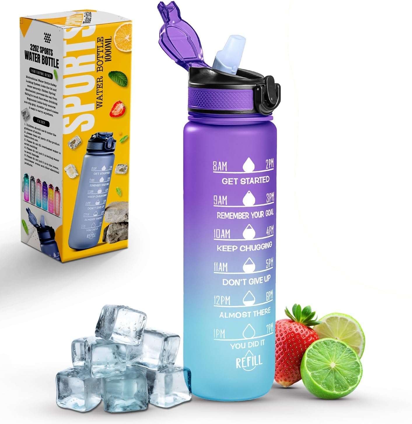 Roe Tenpo Trinkflasche 1L, Sport Trinkflasche mit Strohhalm & Zeitmarkierung, Tritan Wasserflasche BPA-frei, auslaufsicher – Sport Flasche für Fitness, Gym, Outdoor, Fahrrad & Schule