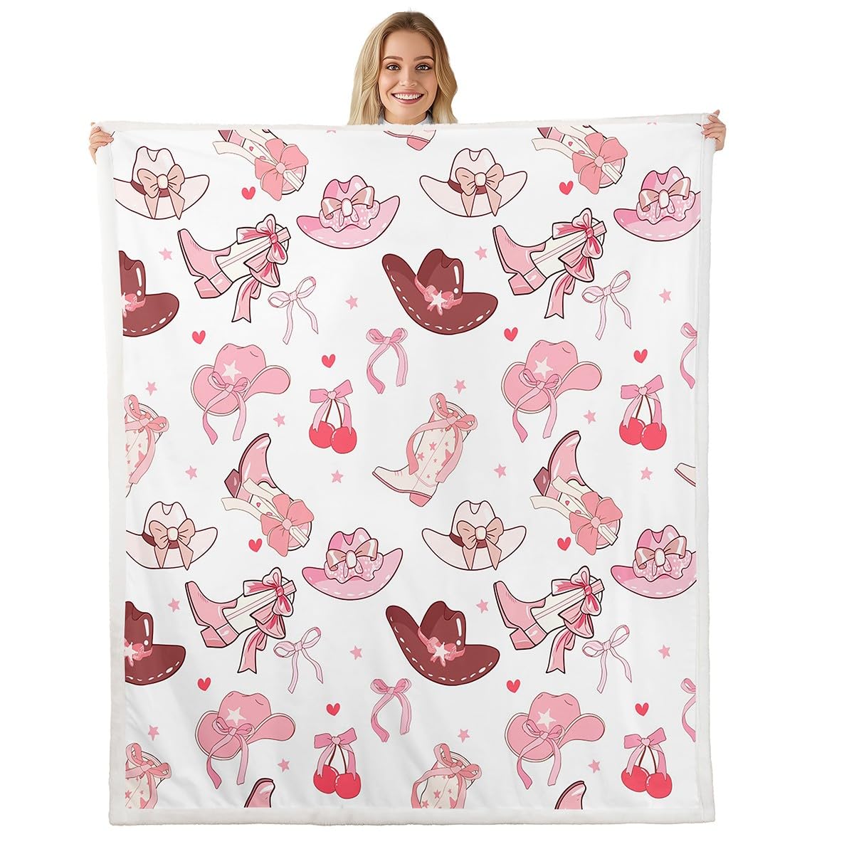 Cowgirl Pink White Fleece Blanket,Western Tribal Horseshoe Boots Hats Bed Blanket for Adults Teens,Princess Style Pink Bowknots Cherry Starry Room