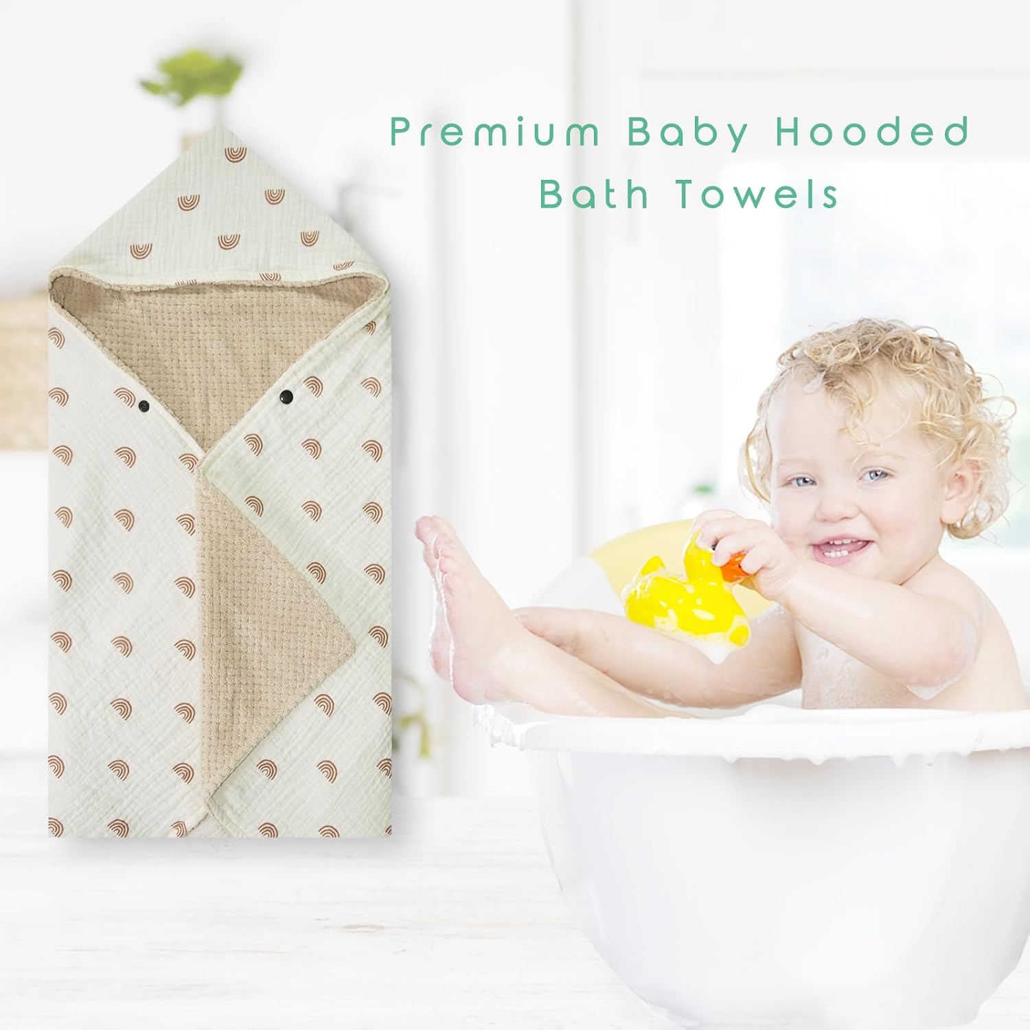 Organic Cotton Baby Bath Towel with Ultra Soft Muslin and Absorbent Flannel Lining Hooded Baby Towel, Breathable, and Perfect for Boys and Girls, (30x30 inches, Rainbow Pattern)