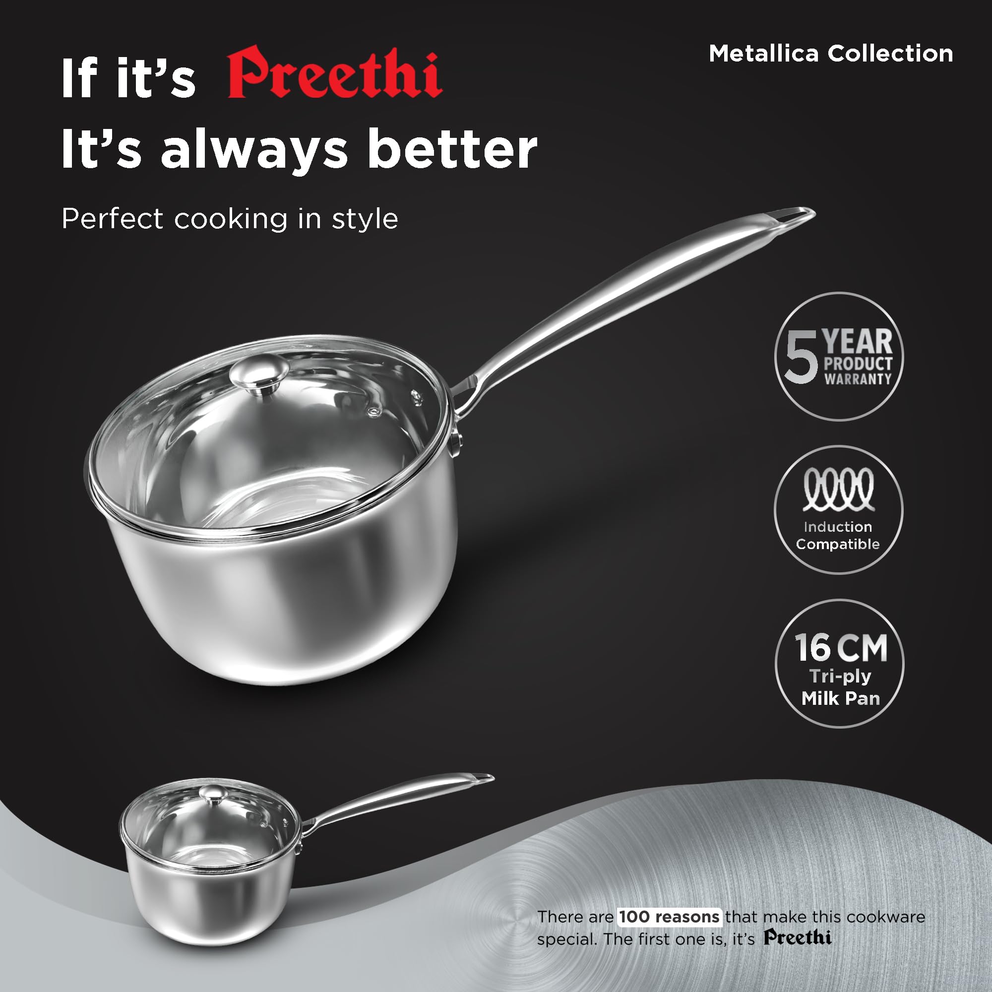 ?Preethi Metallica Collection Triply Stainless Steel Milk Pan with Glass Lid, 16 cm, Gas & Induction Compatible, Metal Spatula Friendly - 1 Liter