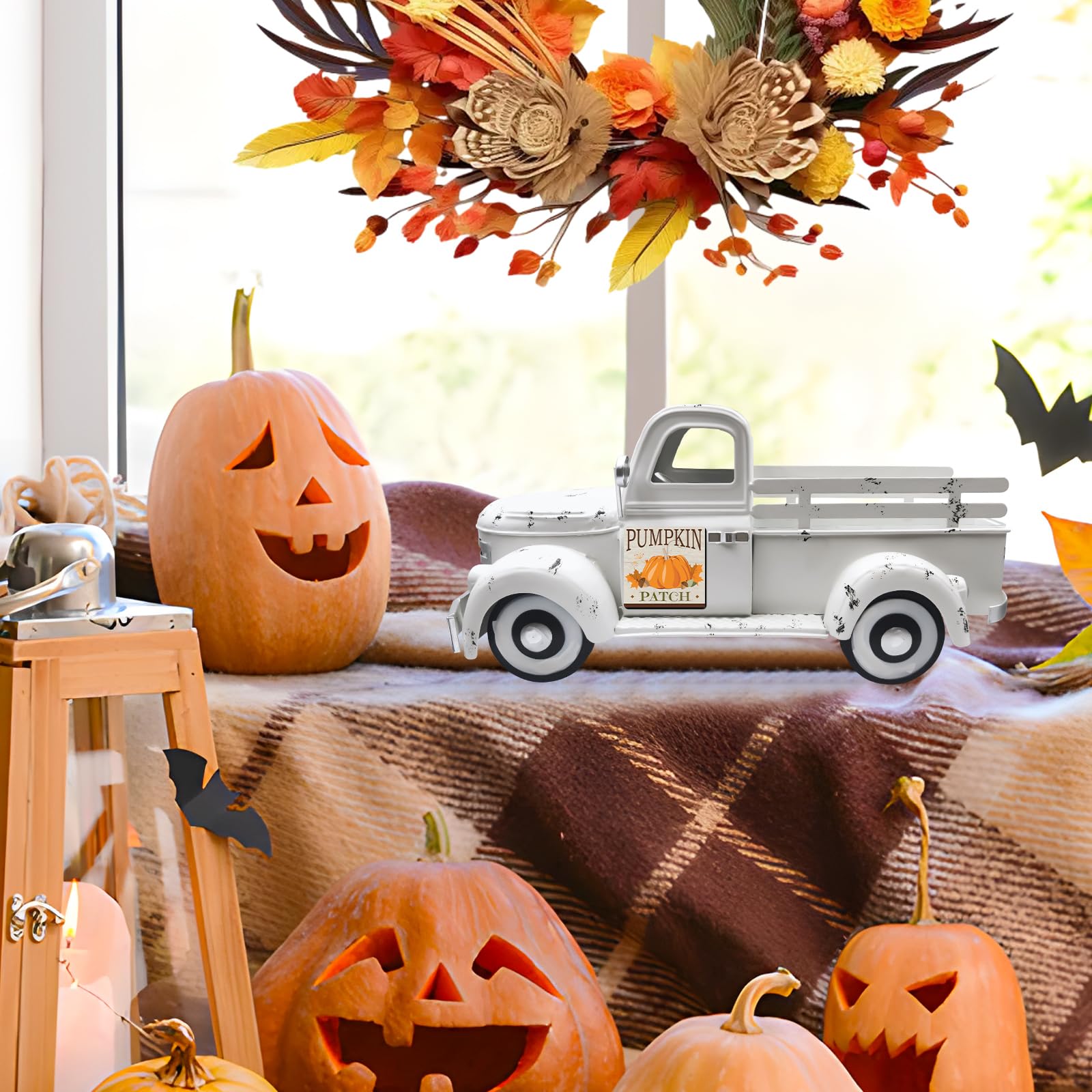 Macetero de 34cm para Coche, Camión de Metal Decorativo con 20 Imanes de Temporada para Casa, Decoración Centro de Mesa Versátil para Jardín, Balcón, Cocina, Adornos Salon, Escaparate o Terraza