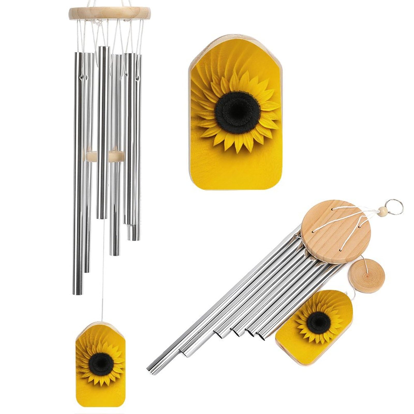 Minimalistic Yellow And Black Sunflower Wind Chimes Memorial Deep Tone Windchime with 6 Aluminum Tubes Outdoor Backyard Garden Decoration